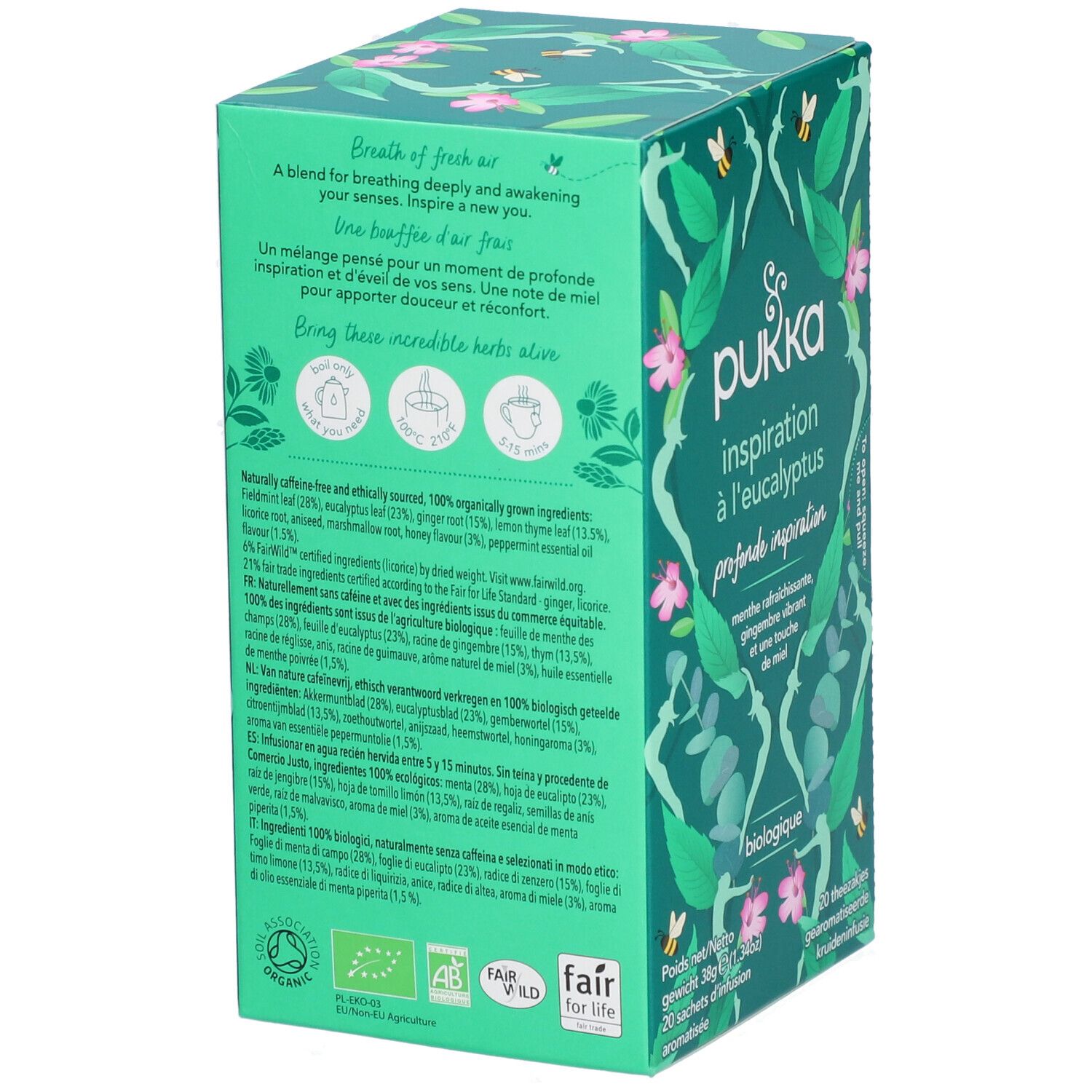 Dos d'une boîte en carton verte avec motifs floraux. Texte : ingrédients, certifications bio, Fair Wild. 20 sachets.