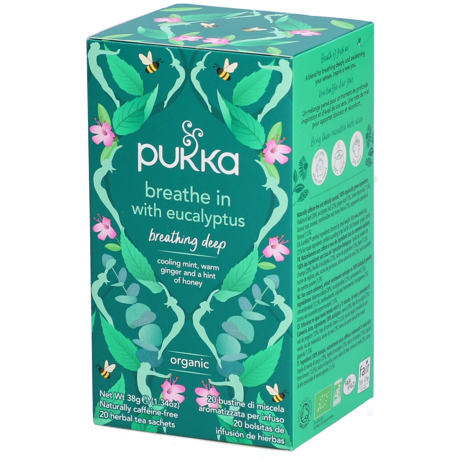 Boîte en carton verte avec motifs floraux et abeilles. Inscription : Pukka, breathe in with eucalyptus, organic. 20 sachets.