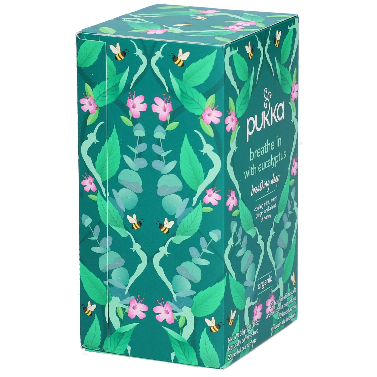 Boîte en carton verte avec motifs floraux et abeilles. Inscription : Pukka, breathe in with eucalyptus, organic. 20 sachets.