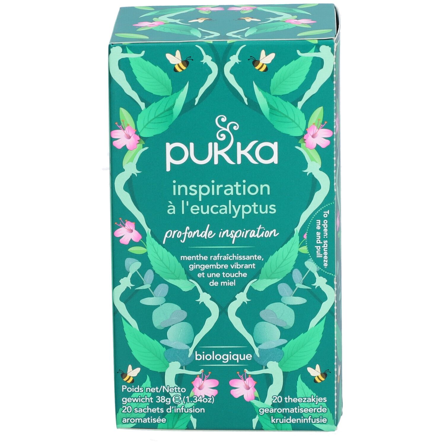 Boîte en carton verte avec motifs floraux et abeilles. Inscription : Pukka, Inspiration à l'eucalyptus, biologique. 20 sachets.