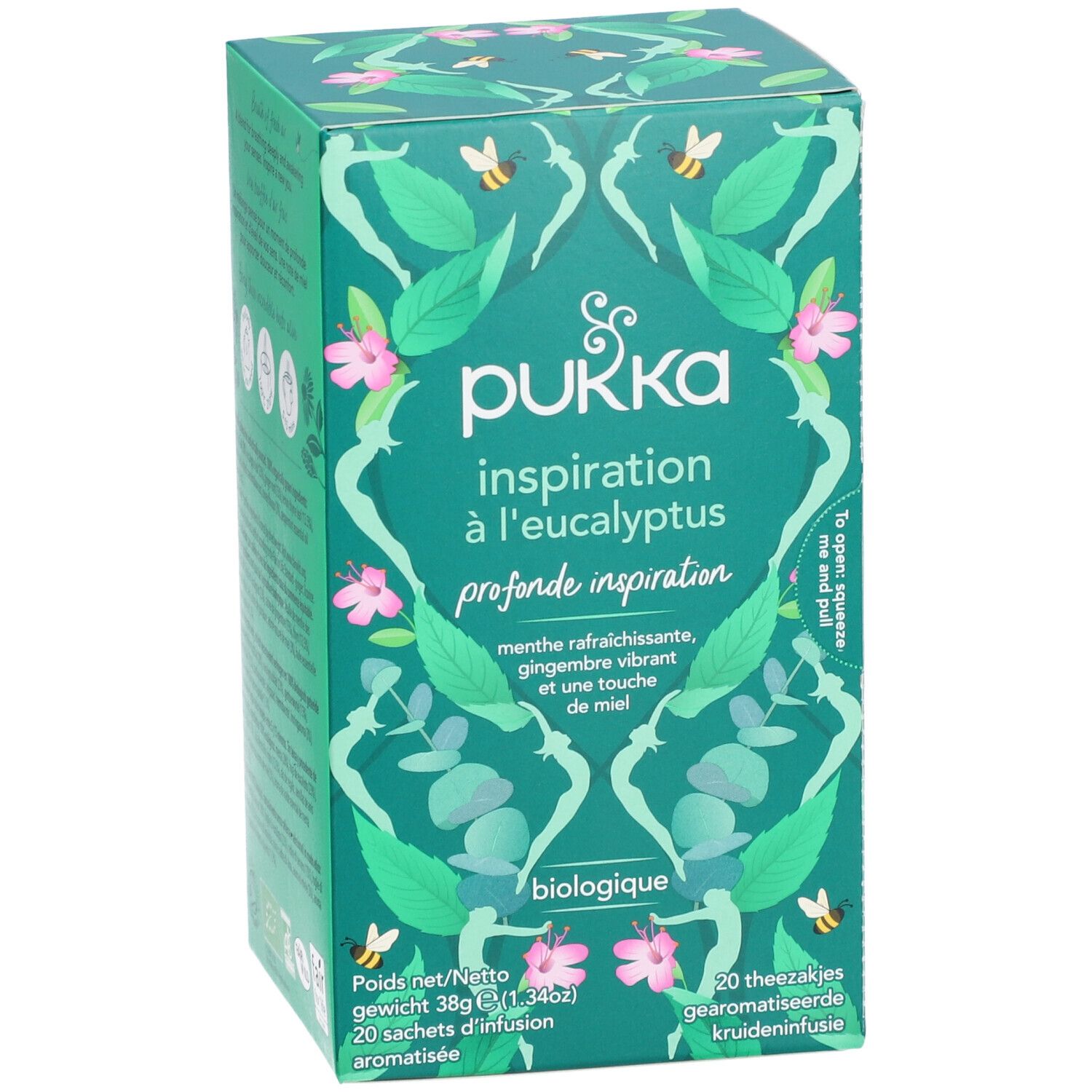 Boîte en carton verte avec motifs floraux et abeilles. Inscription : Pukka, Inspiration à l'eucalyptus, biologique. 20 sachets.