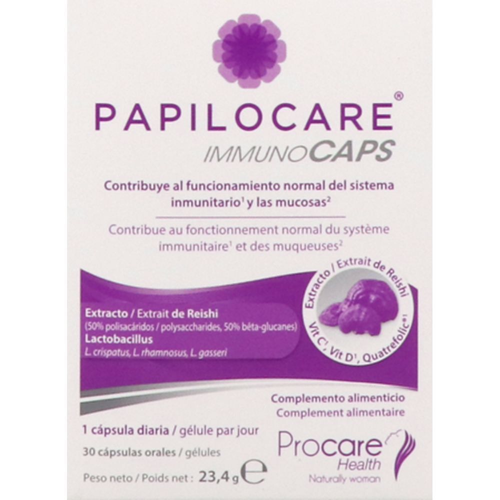 Boîte de PAPILOCARE ImmunoCaps. Contient des informations sur les ingrédients et le dosage.