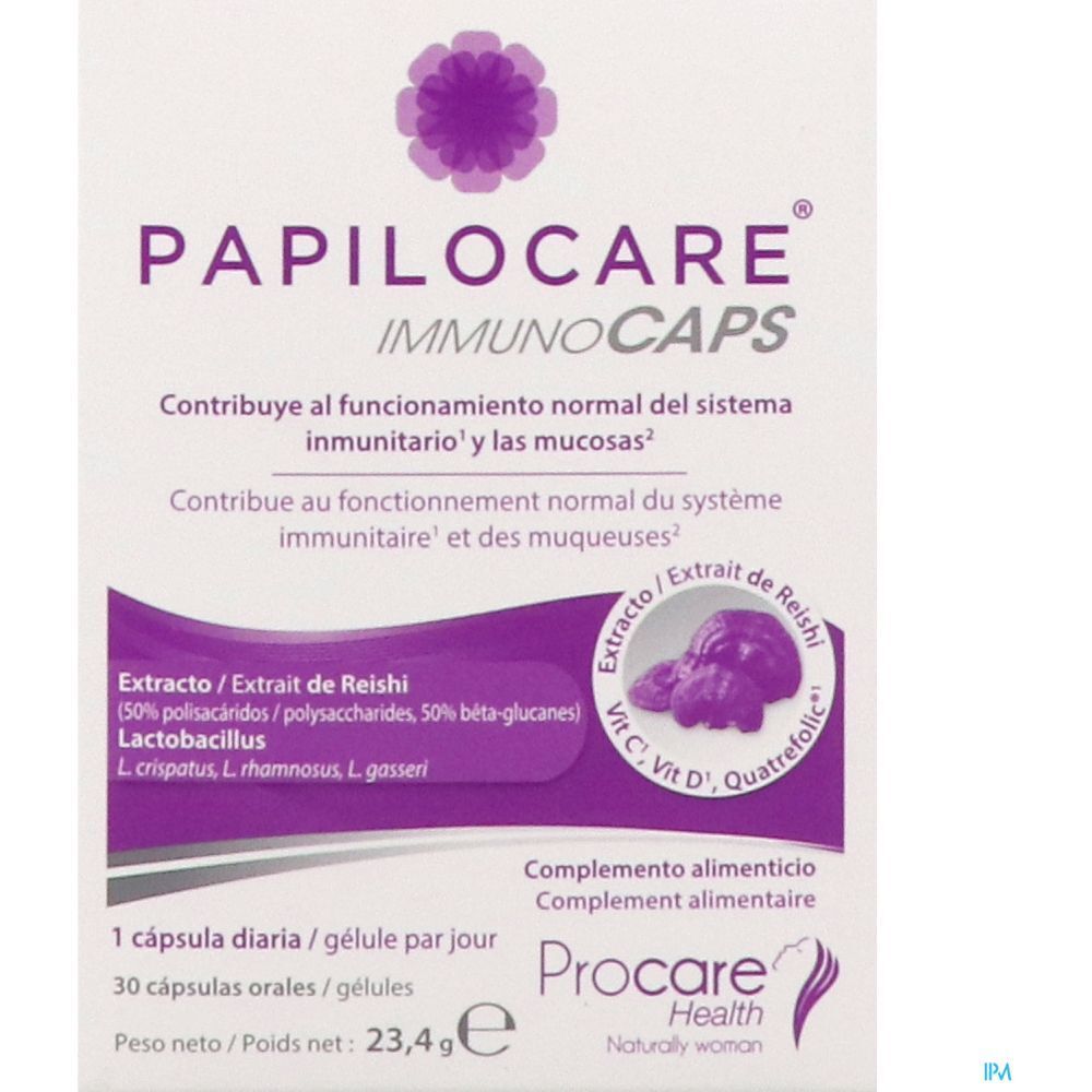Boîte PAPILOCARE ImmunoCaps, blanche avec des accents violets. Contient des informations sur le produit.