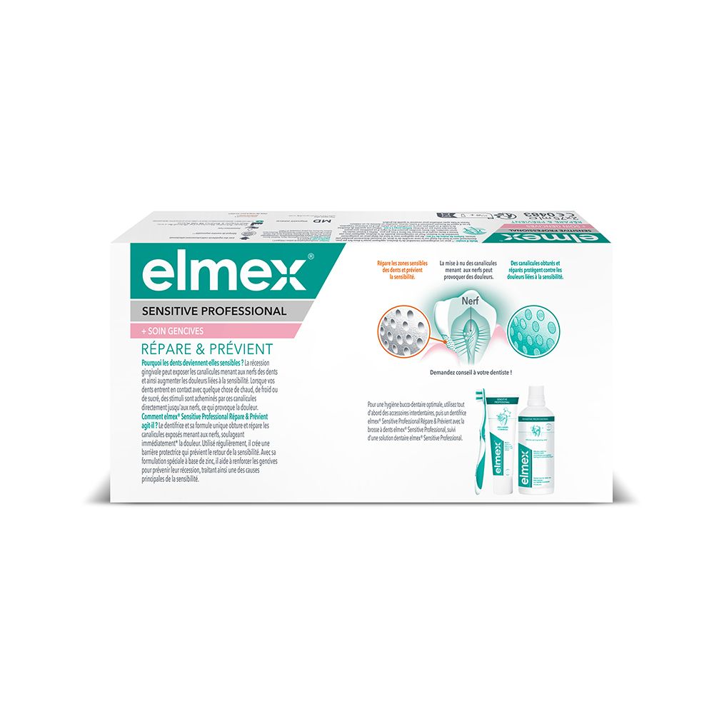 Duo-pack de dentifrice. Dos avec informations sur le produit et illustrations d'utilisation.