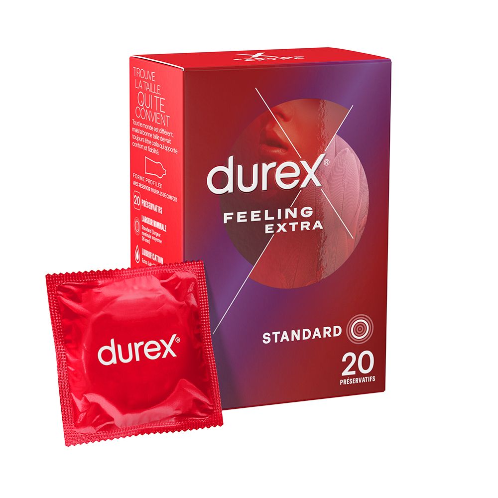 Durex Préservatifs Feeling Extra - 20 Préservatifs Fins et Extra Lubifiés