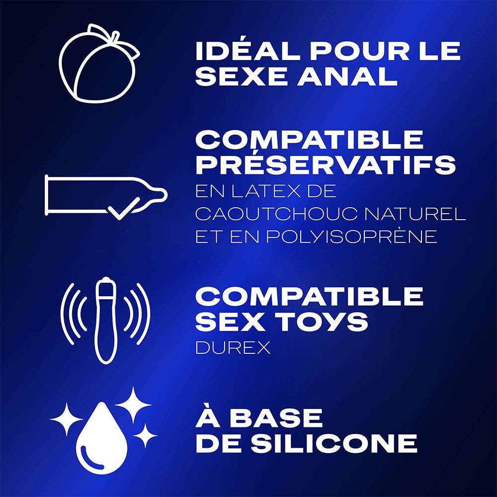 Graphique bleu avec symboles et texte blancs. Compatible avec préservatifs et sextoys.