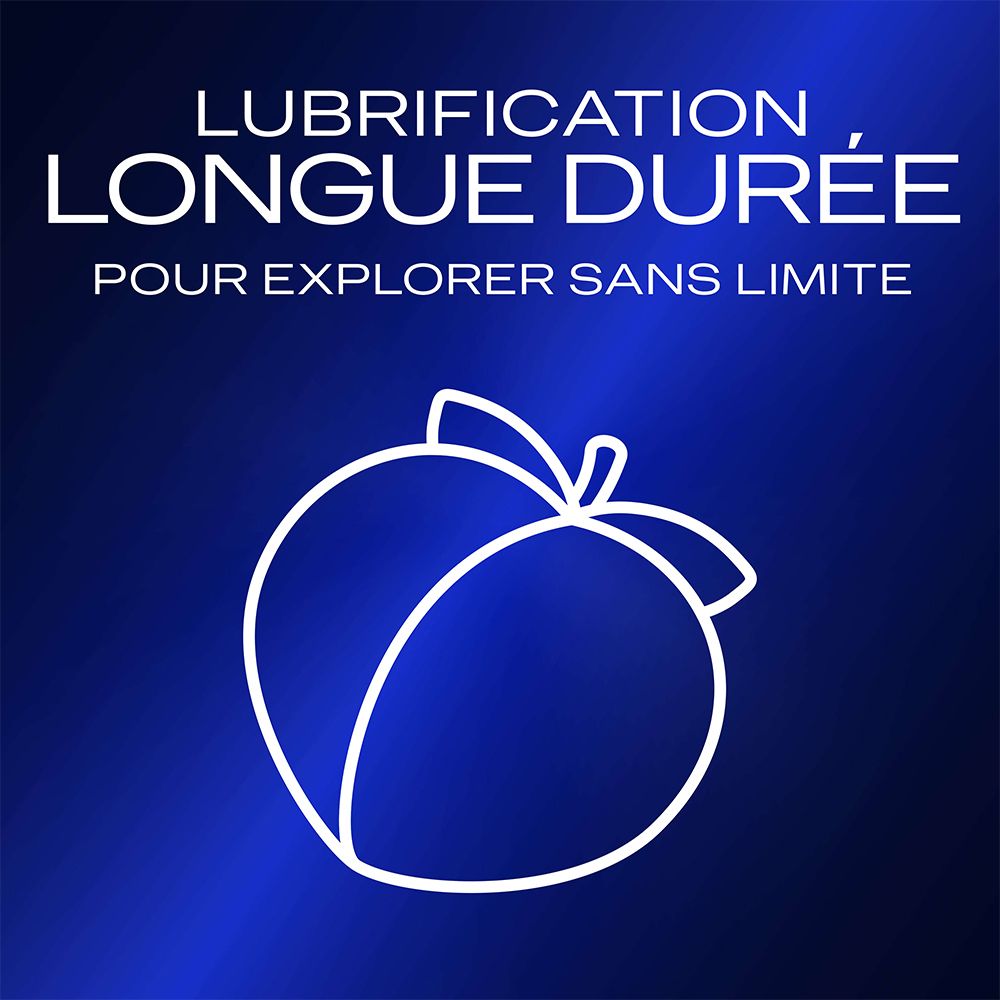 Graphique bleu avec texte et symbole blancs. Texte : Lubrification longue durée, pour explorer sans limite.