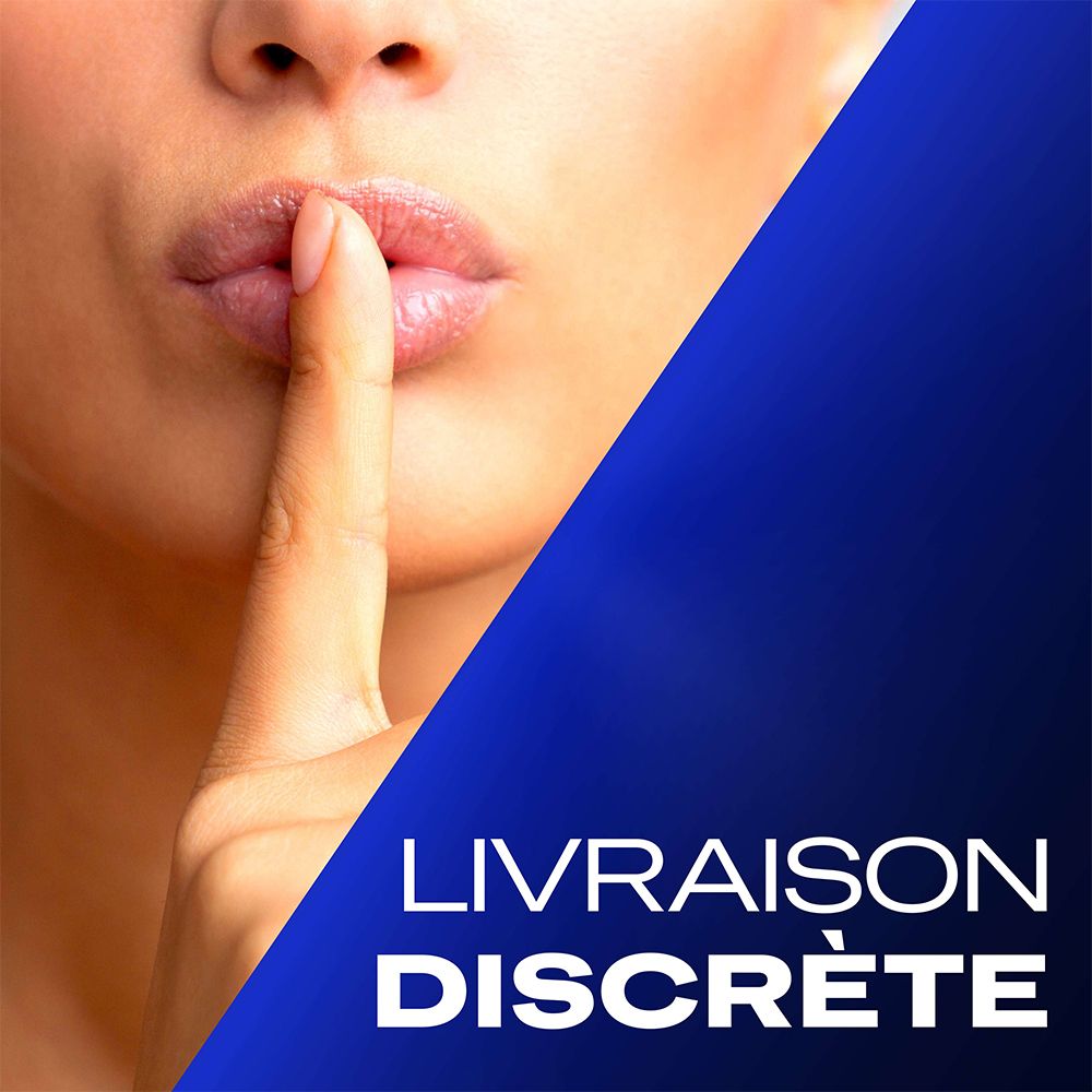 Gros plan d'une bouche et d'une main mettant un doigt devant les lèvres. Texte : Livraison discrète.