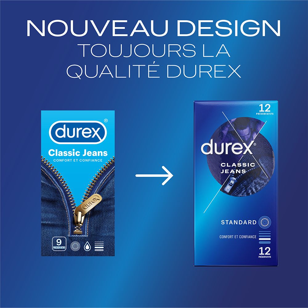 Comparaison d'emballages de préservatifs. Nouveau design, Durex Classic Jeans.
