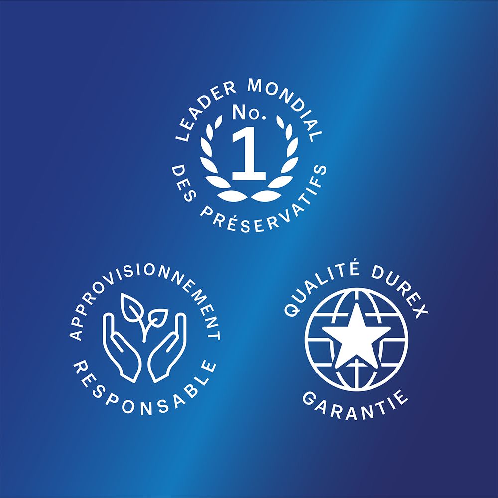 Trois logos: Leader mondial, approvisionnement responsable, qualité Durex.