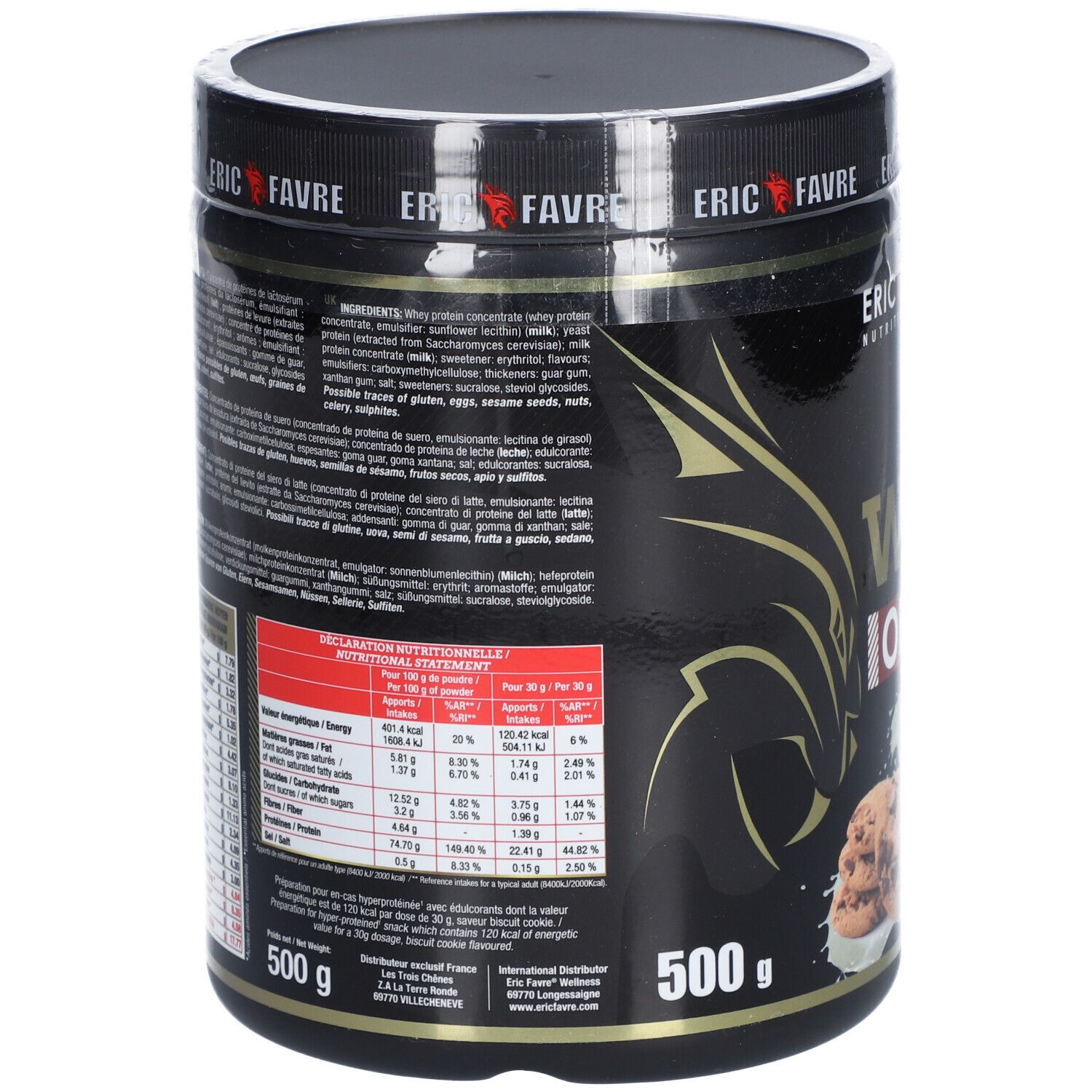 Pot noir avec liste d'ingrédients et informations nutritionnelles. "ERIC FAVRE Whey Optimax Protein". 500g. Texte en français et italien.