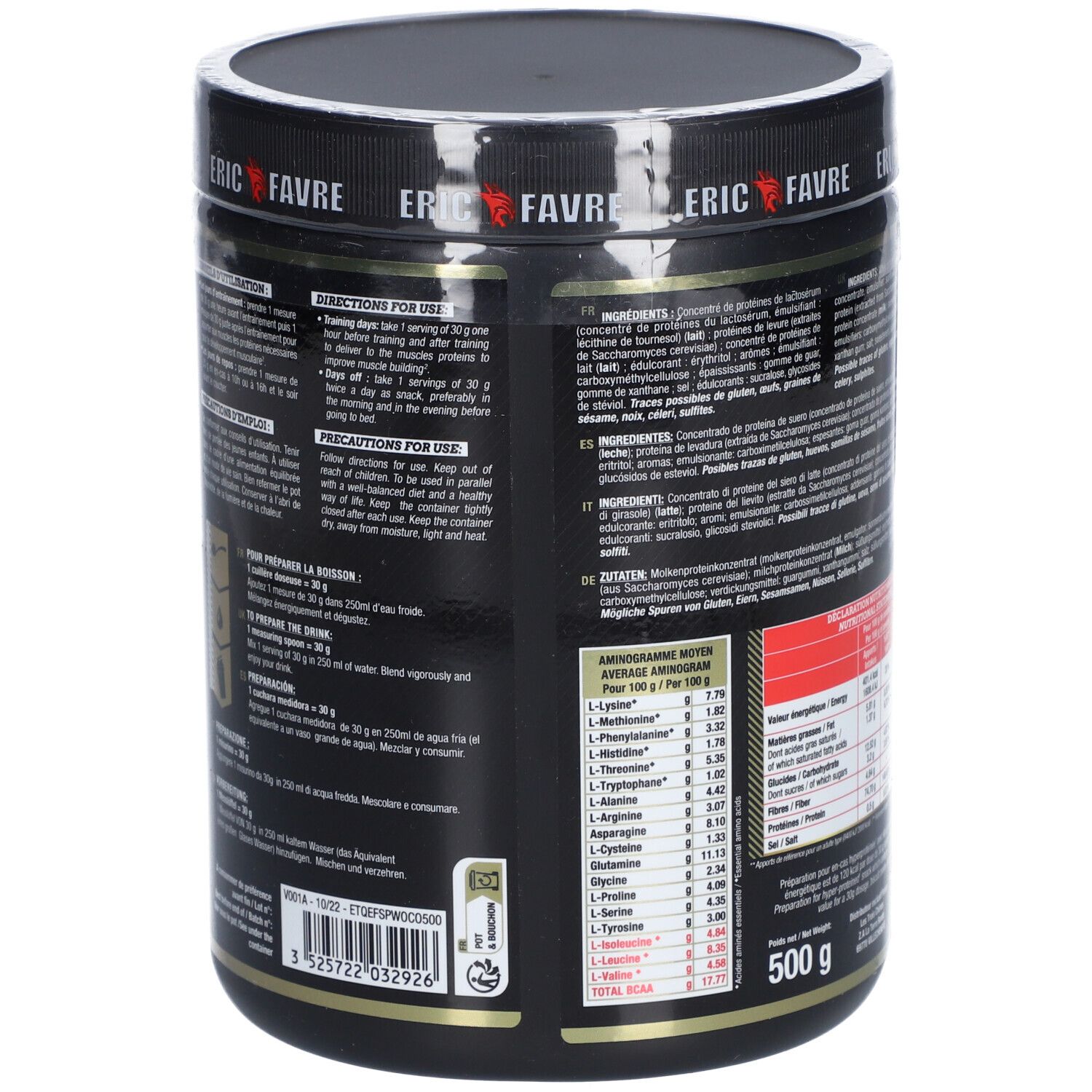 Pot noir avec instructions et profil d'acides aminés. "ERIC FAVRE Whey Optimax Protein". 500g. Texte en français et italien.