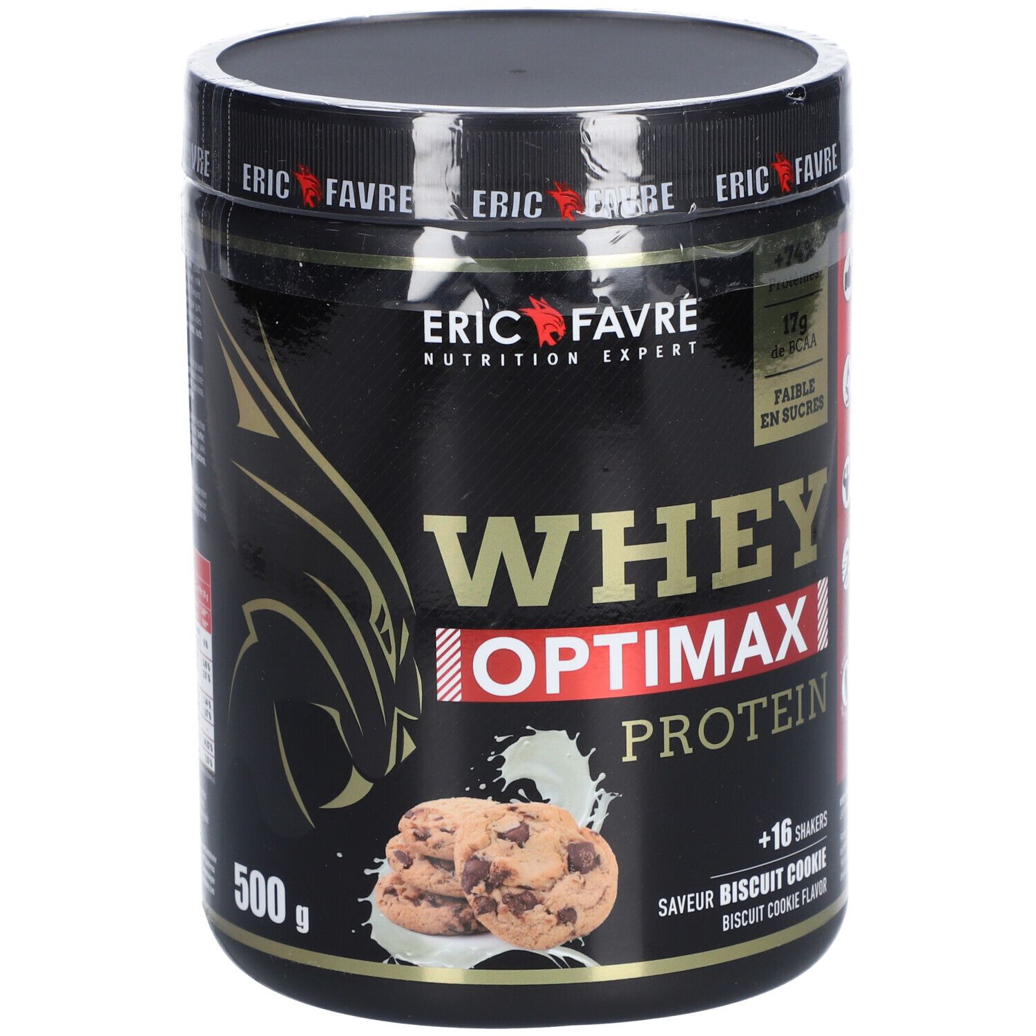 Pot noir "ERIC FAVRE Whey Optimax Protein". Image de biscuits. 500g. "Saveur biscuit cookie".
