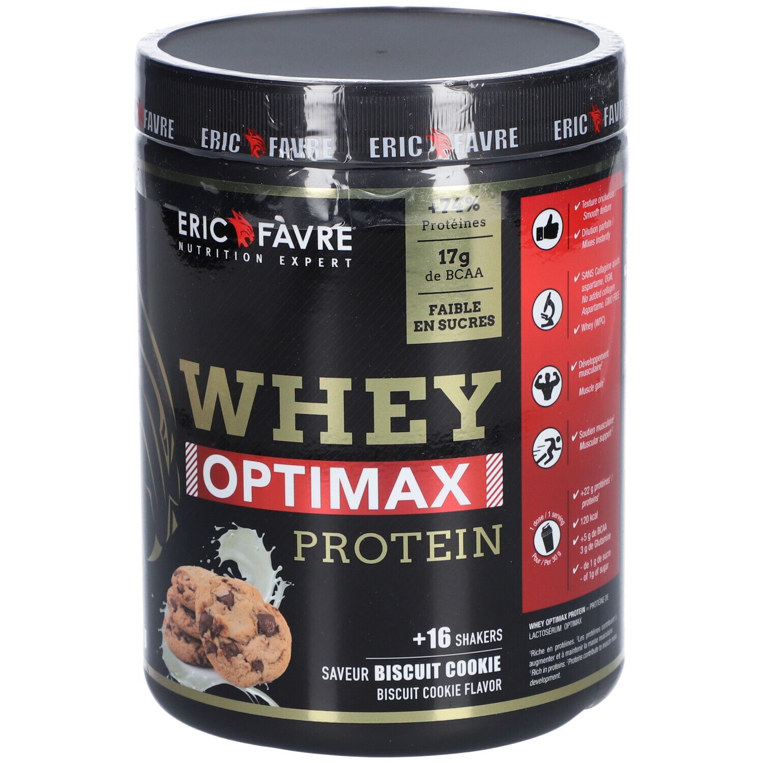 Pot noir "ERIC FAVRE Whey Optimax Protein". Image de biscuits. 500g. "Saveur biscuit cookie". 17g BCAA.