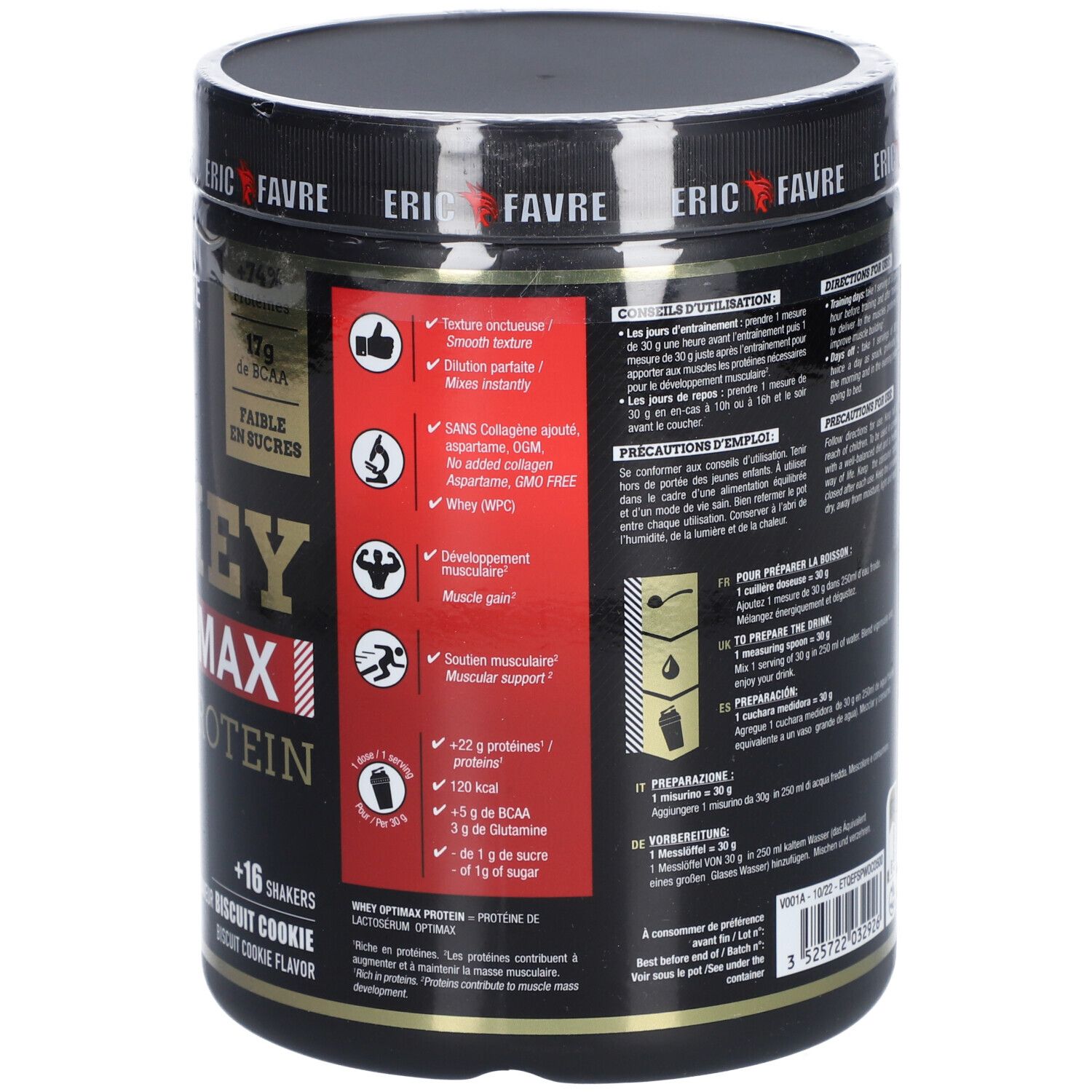 Pot noir "ERIC FAVRE Whey Optimax Protein". 500g. Texte et icônes. "Saveur biscuit cookie". 17g BCAA.