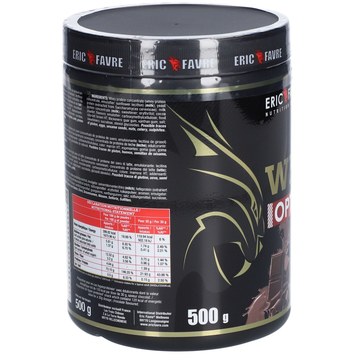 Dos du pot noir. Informations ingrédients, valeurs nutritionnelles et fabricant. 500g. Marque ERIC FAVRE.