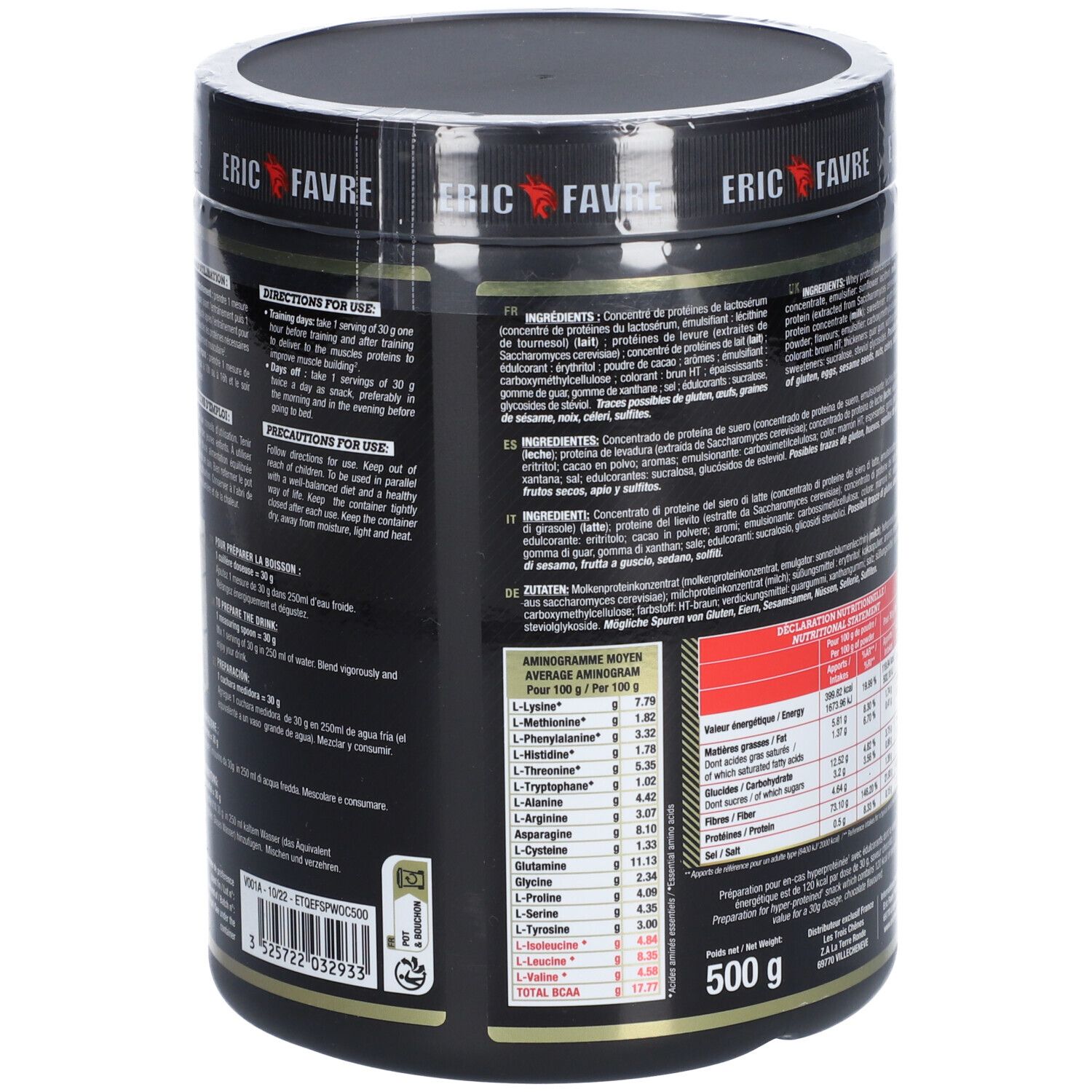 Dos du pot noir. Informations d'utilisation et acides aminés. 500g. Marque ERIC FAVRE.