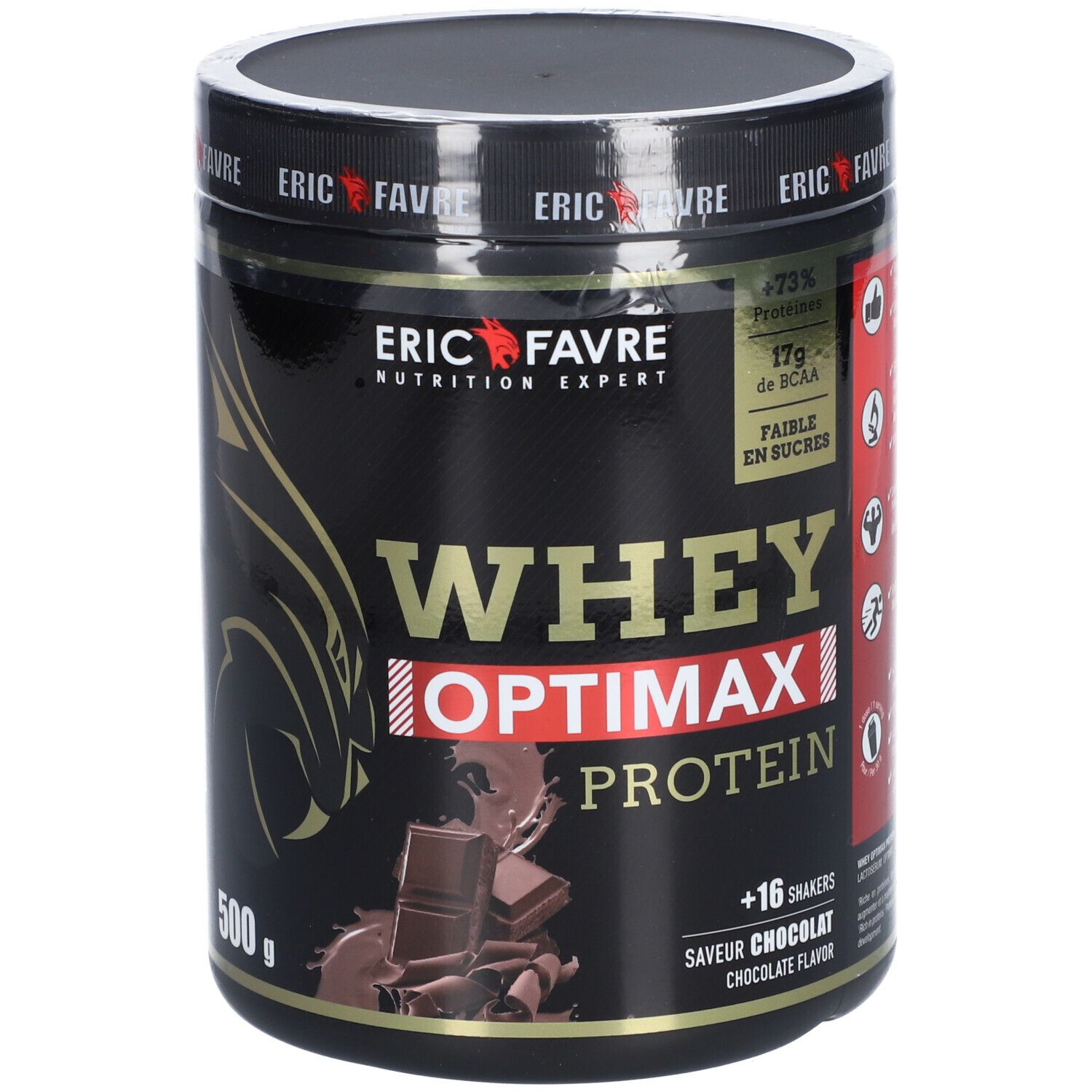 Pot noir "WHEY OPTIMAX PROTEIN" saveur chocolat. Marque ERIC FAVRE. Contient +73% protéines, 17g BCAA. 500g.