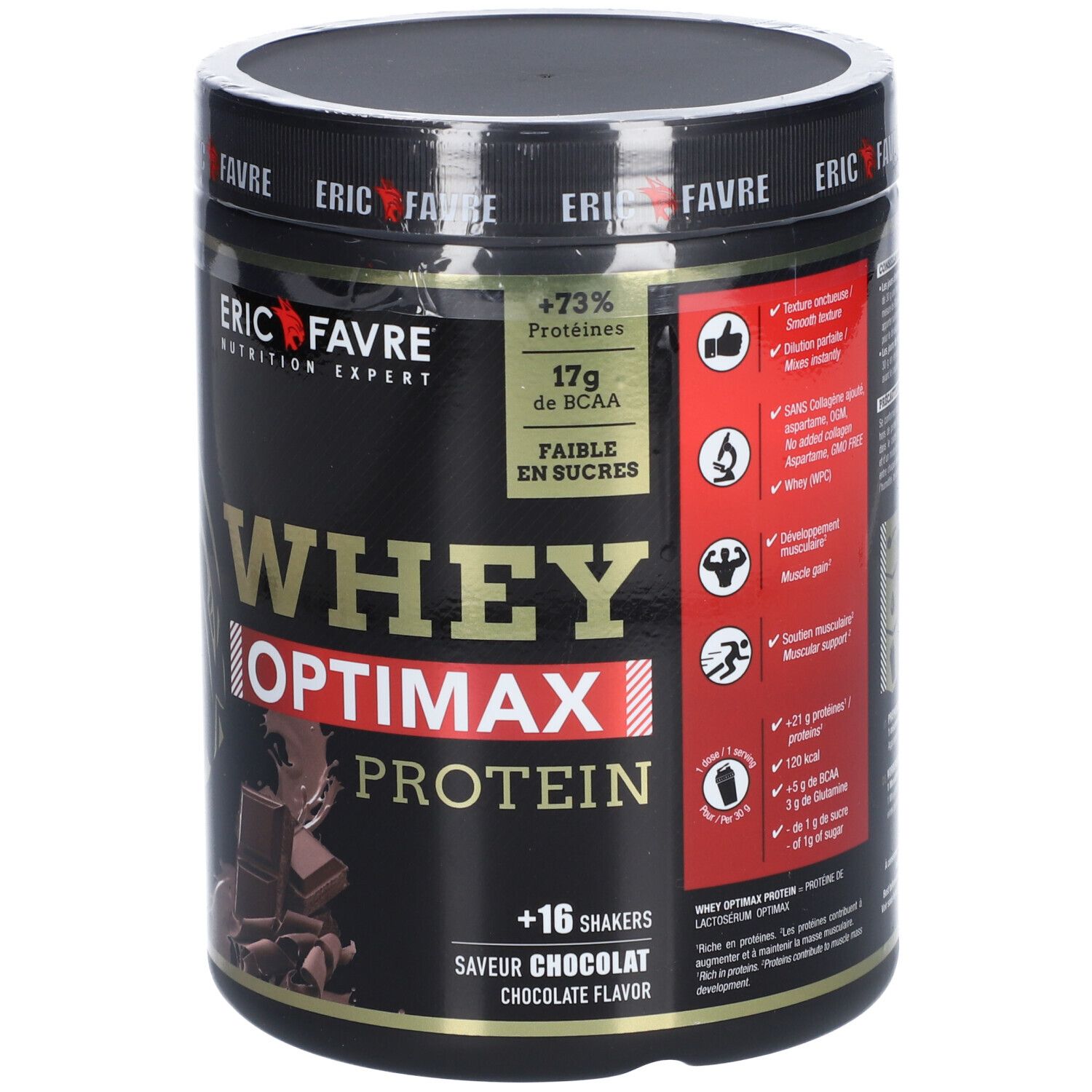 Pot noir "WHEY OPTIMAX PROTEIN" saveur chocolat. Marque ERIC FAVRE. Contient +73% protéines, 17g BCAA. 500g.