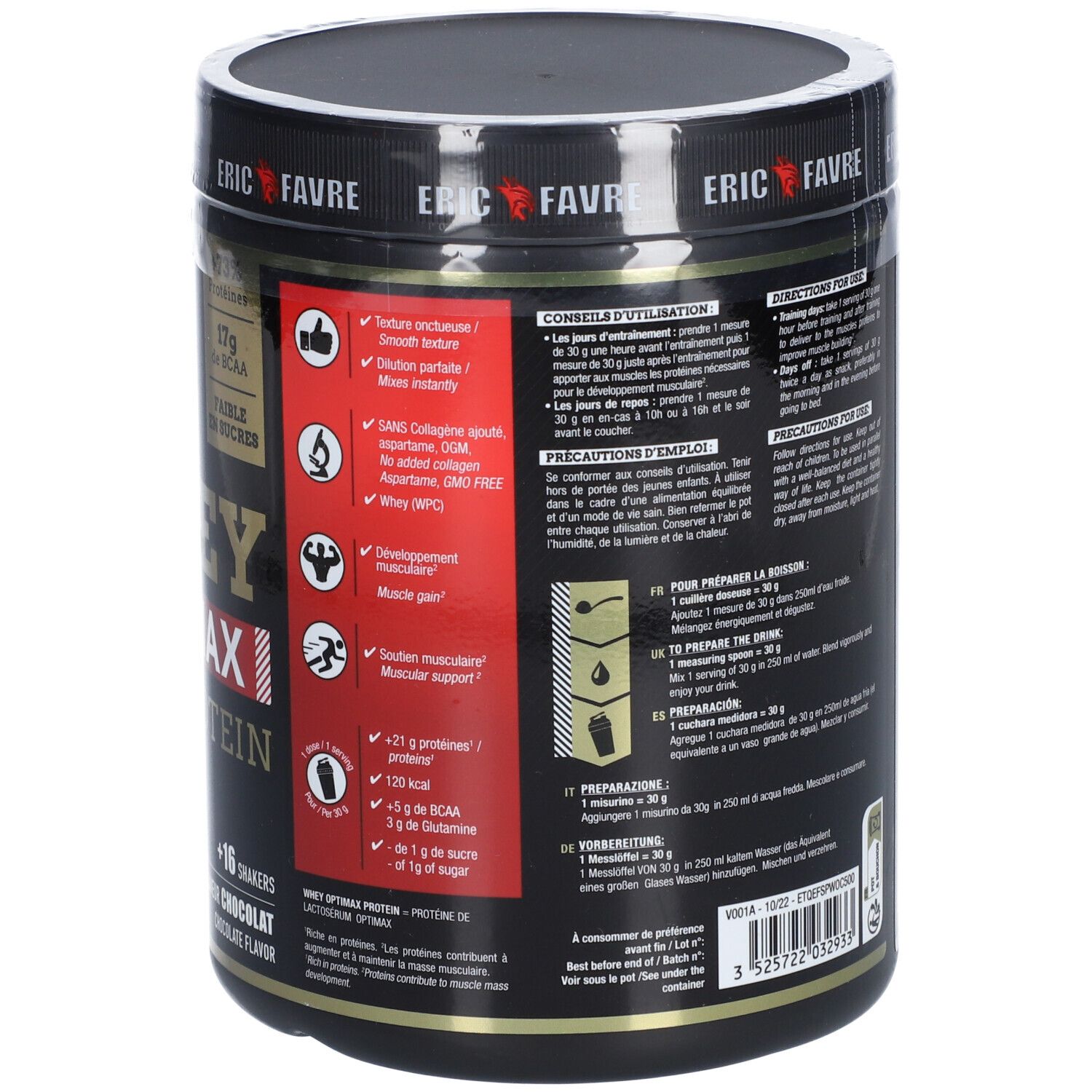 Dos du pot noir. Informations d'utilisation, ingrédients et valeurs nutritionnelles. Marque ERIC FAVRE.