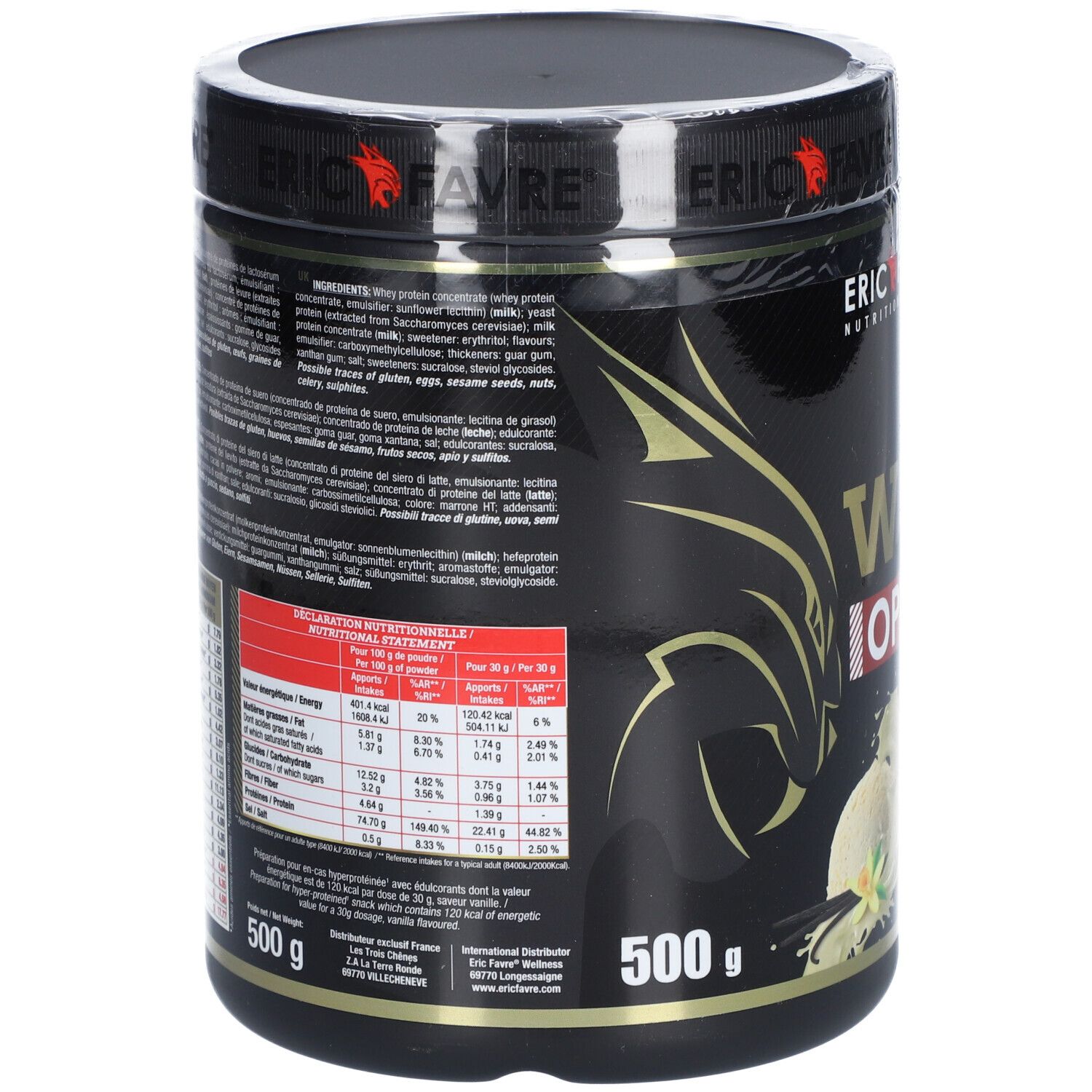 Dos du pot. Liste des ingrédients, informations nutritionnelles et autres. Marque ERIC FAVRE. 500g. Fond noir.