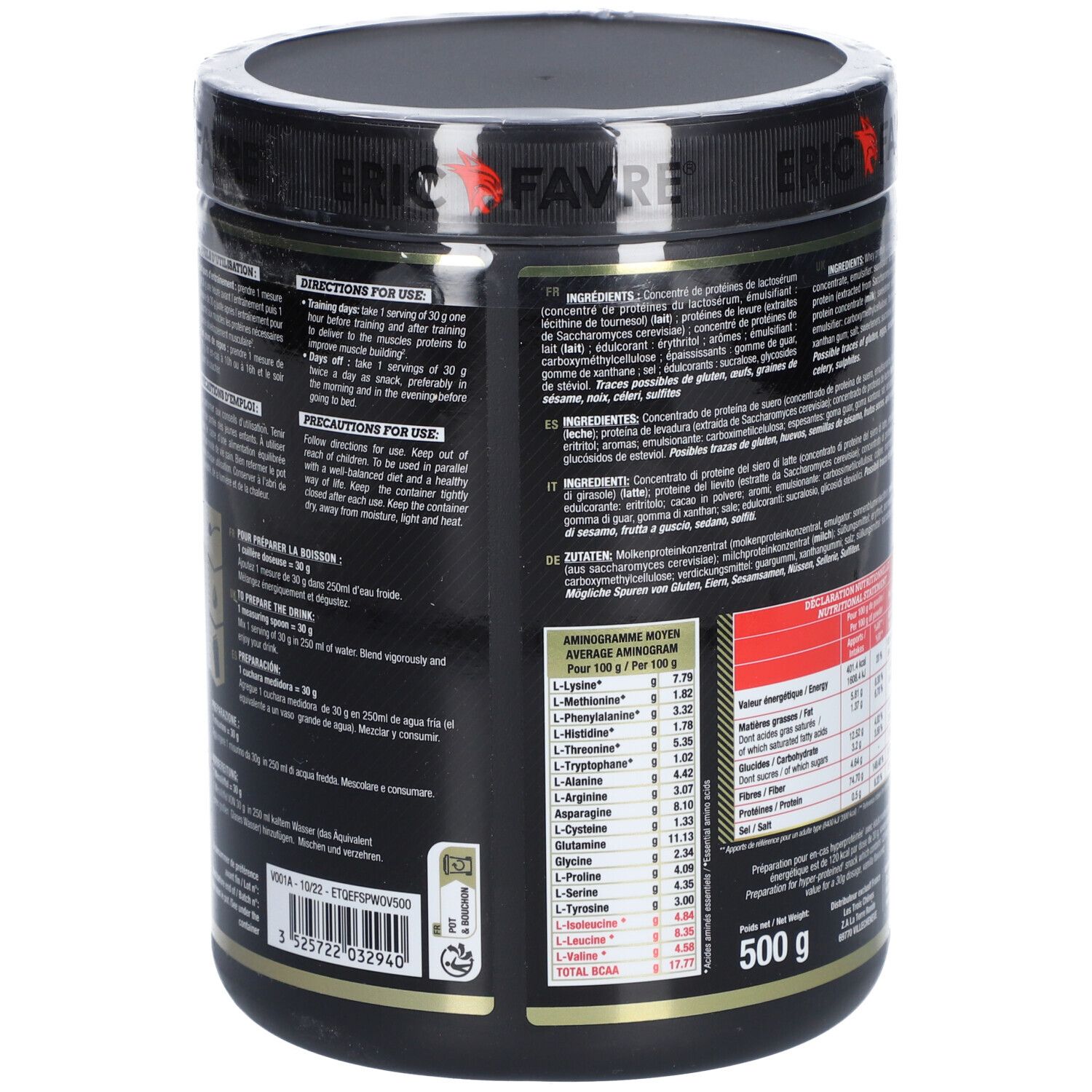 Dos du pot. Mode d'emploi et précautions d'emploi. Marque ERIC FAVRE. 500g. Fond noir.