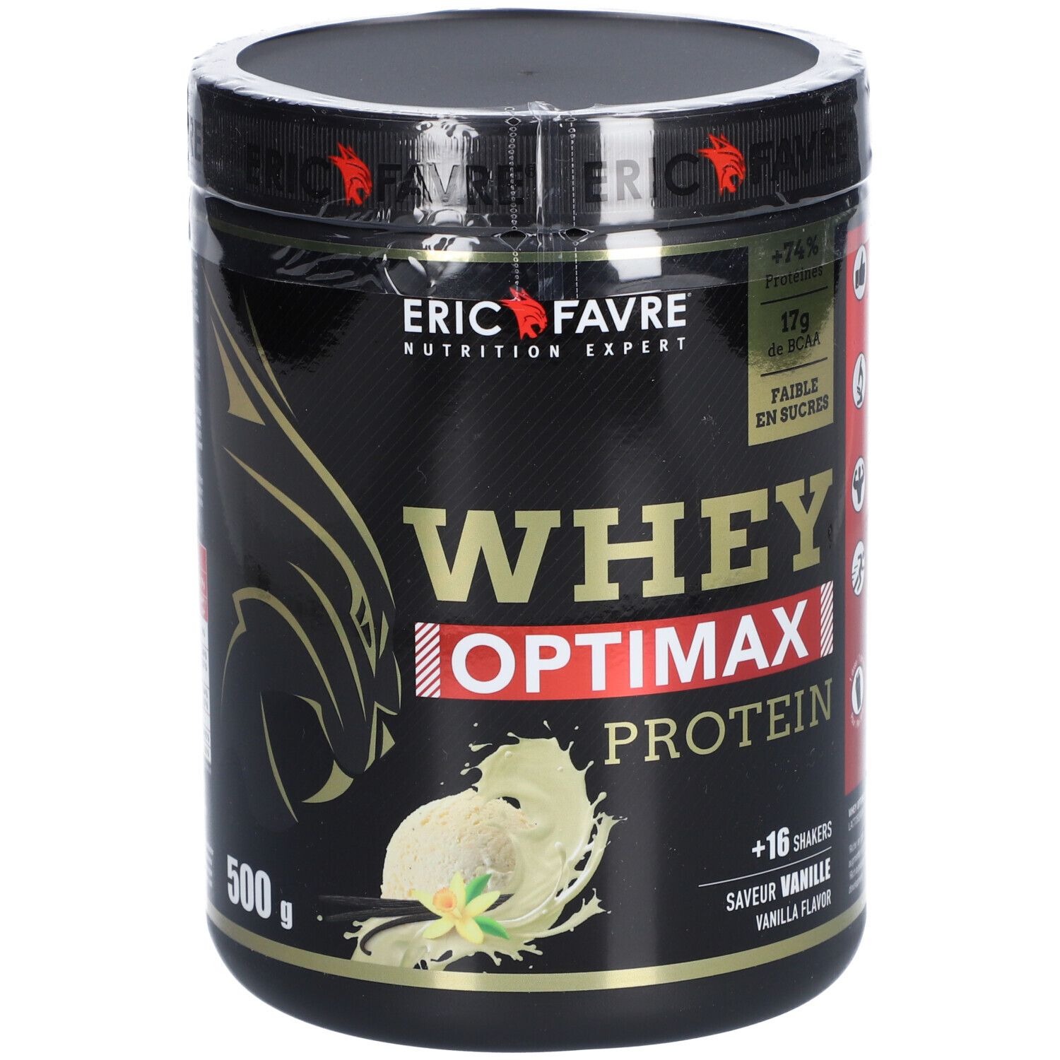Pot noir "WHEY OPTIMAX PROTEIN" saveur vanille. Marque ERIC FAVRE. 500g. Contient +16 shakers. 74% protéines.