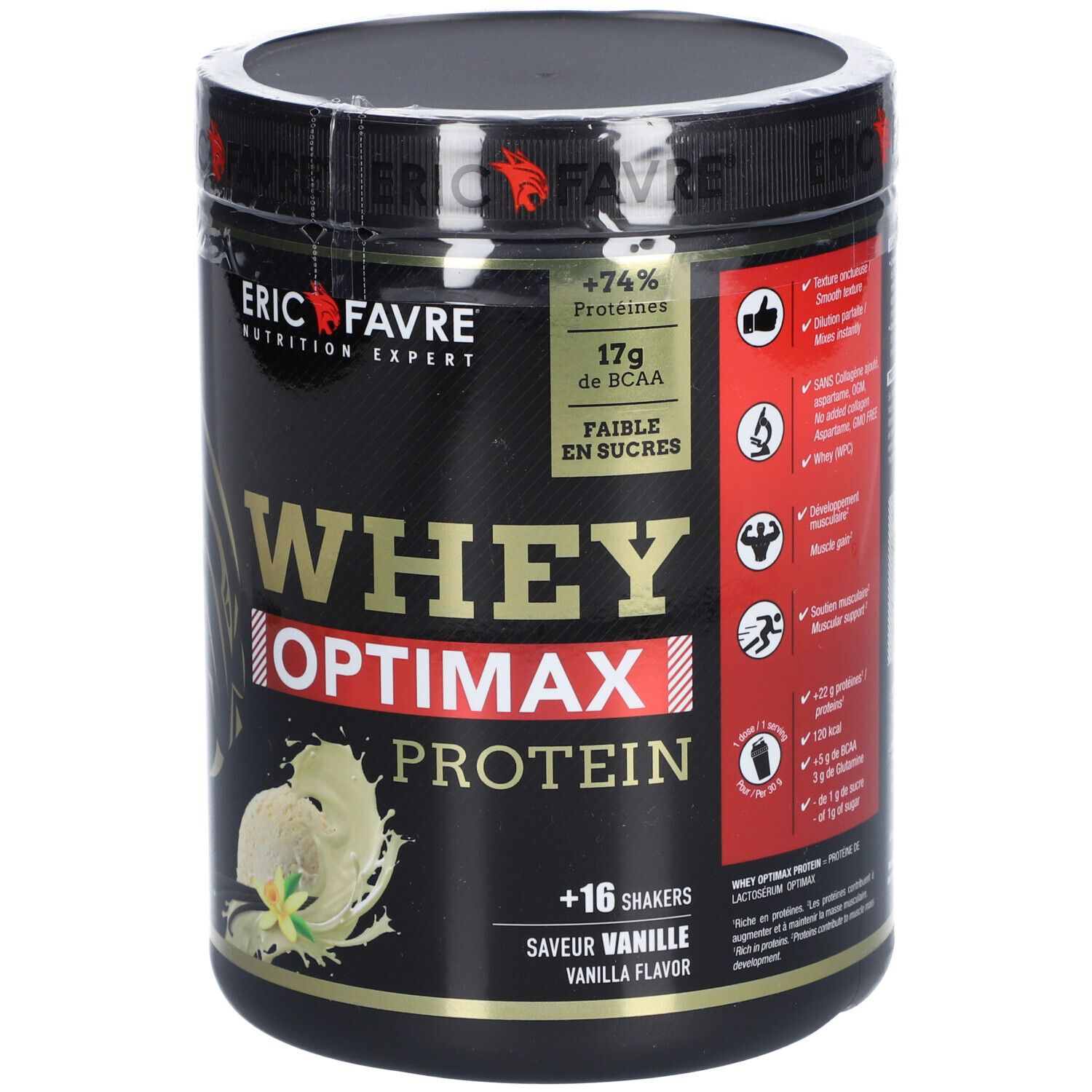 Pot noir "WHEY OPTIMAX PROTEIN" saveur vanille. Marque ERIC FAVRE. 500g. 74% protéines. 17g BCAA. Faible en sucres.