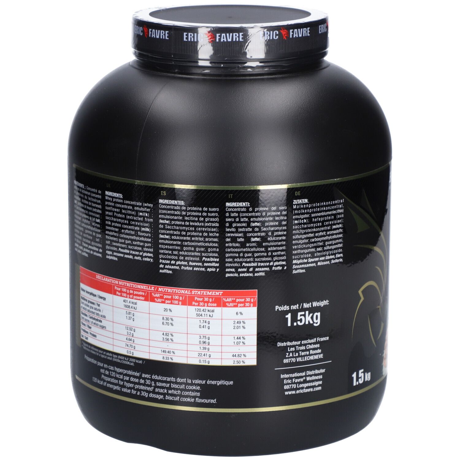 Dos du pot noir. Contient des informations nutritionnelles et des ingrédients. 1,5 kg.
