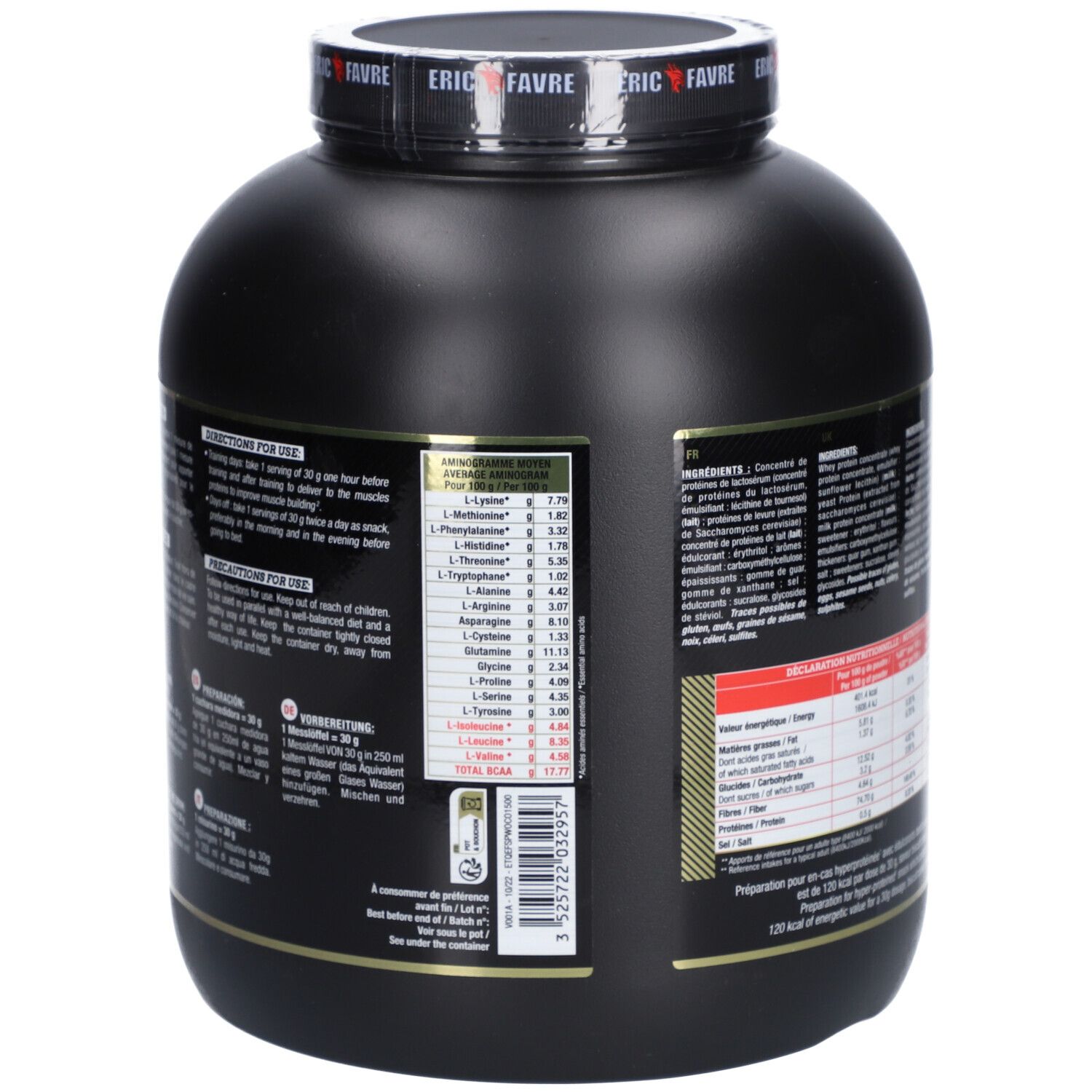 Dos du pot noir. Contient des informations d'utilisation et des acides aminés. 1,5 kg.