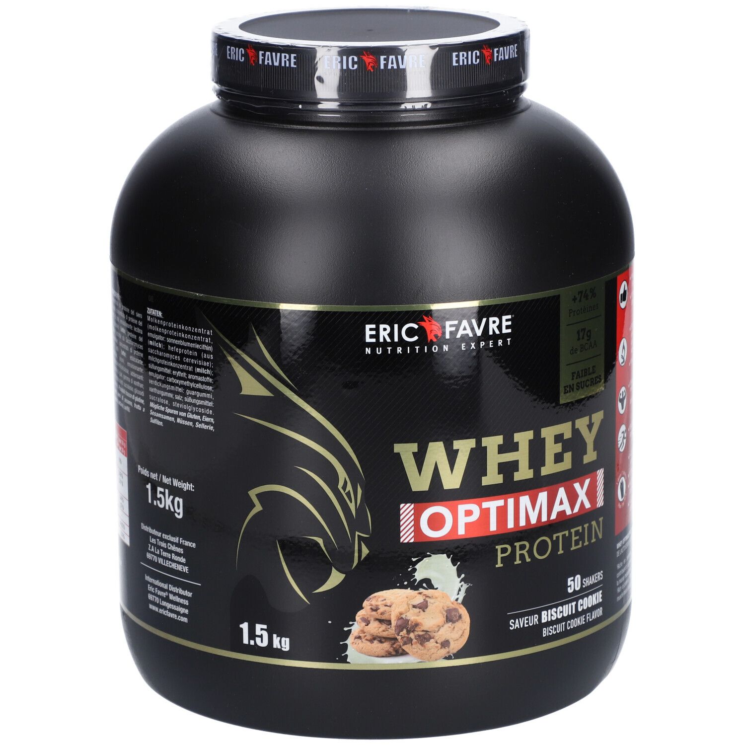 Pot noir avec "ERIC FAVRE" et "WHEY OPTIMAX PROTEIN". 1,5 kg, goût Cookie. Image de biscuits.