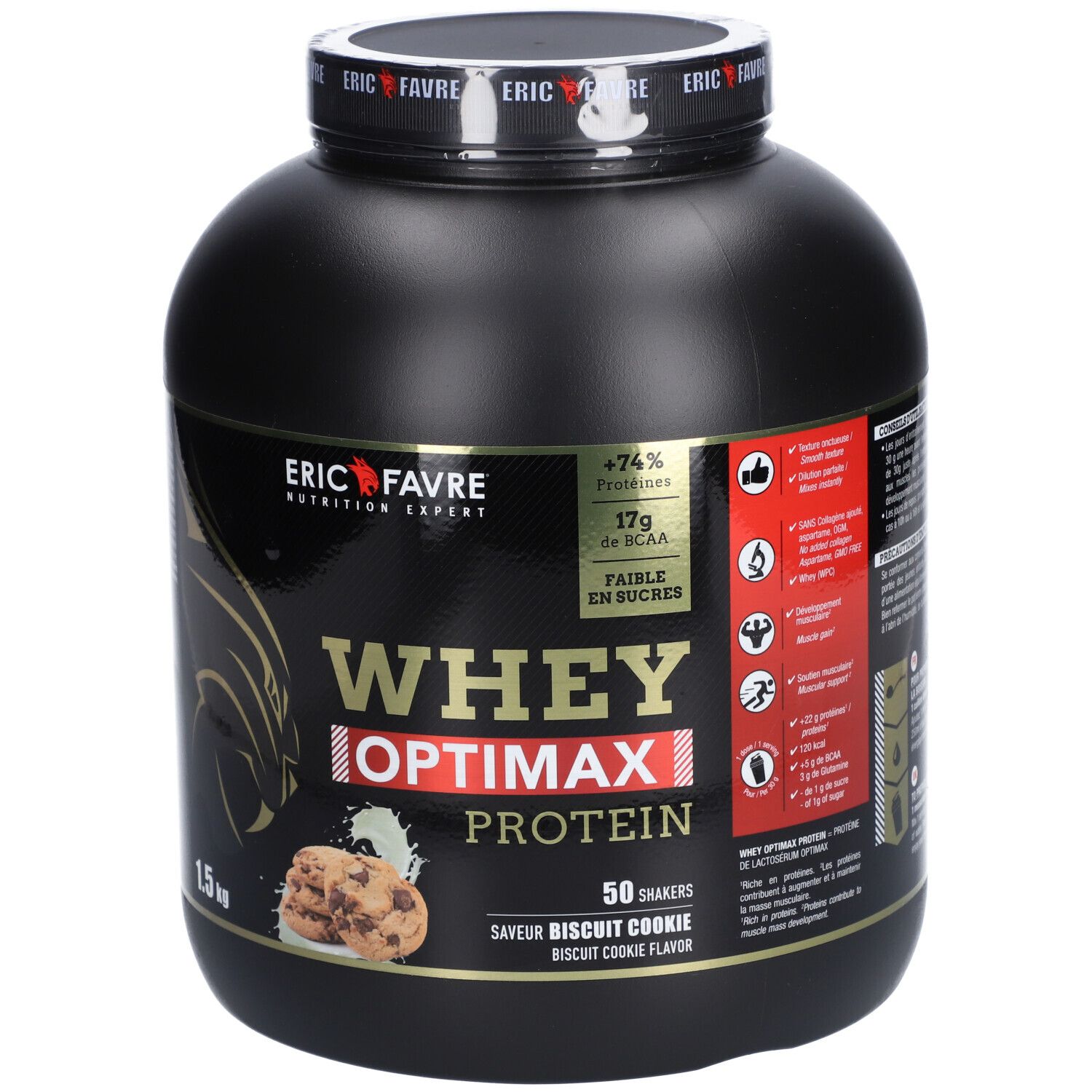 Pot noir avec "ERIC FAVRE" et "WHEY OPTIMAX PROTEIN". 1,5 kg, goût Cookie. Image de biscuits.