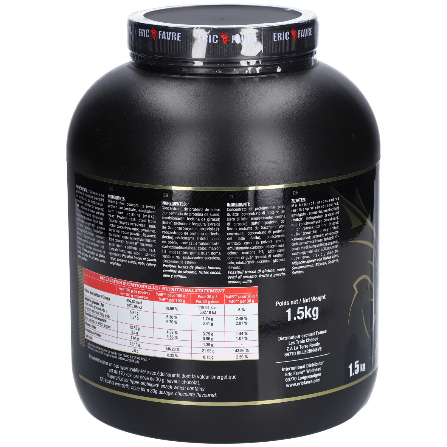 Dos du pot noir. Contient informations nutritionnelles et liste des ingrédients. 1,5 kg. Inscription dorée.