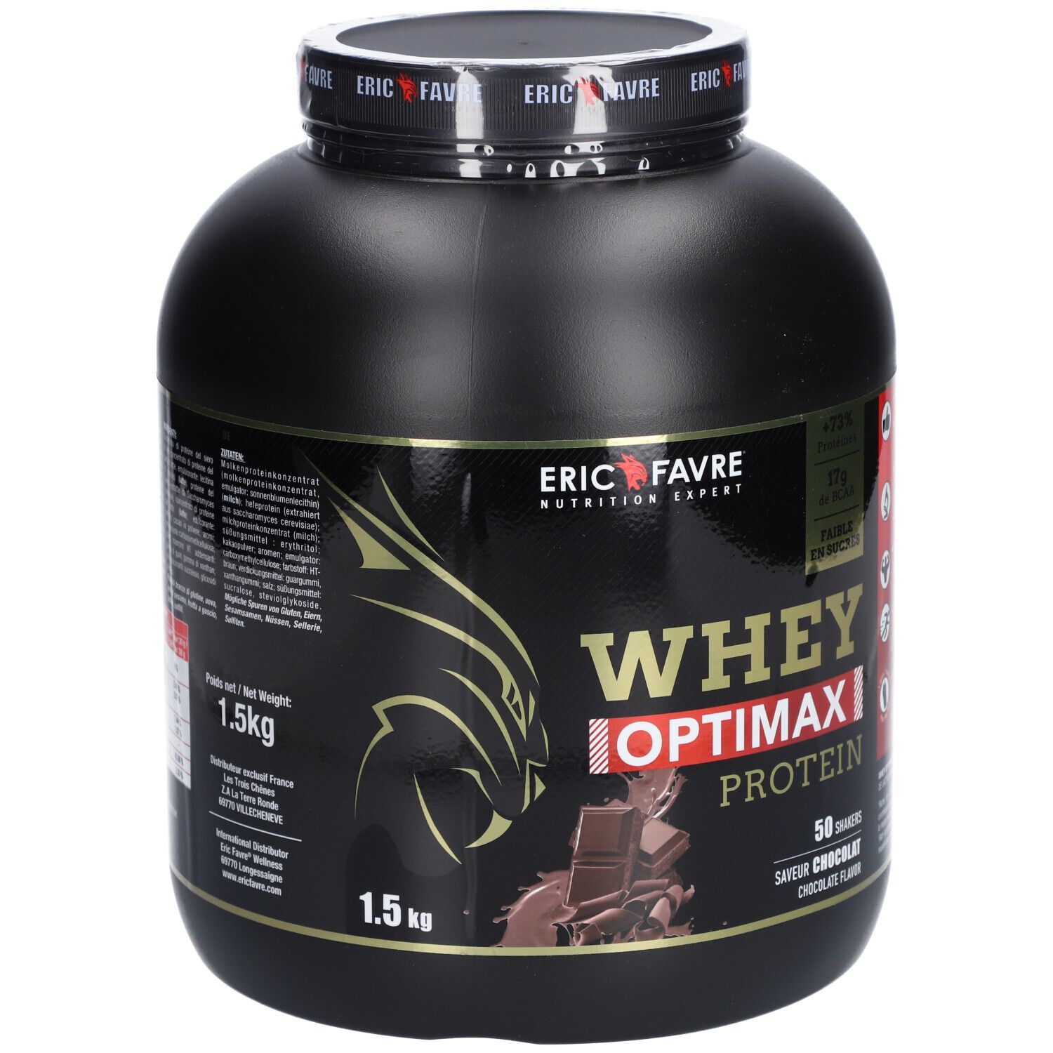 Pot noir "ERIC FAVRE Whey Optimax Protein". 1,5 kg, goût chocolat. Inscription dorée et logo.