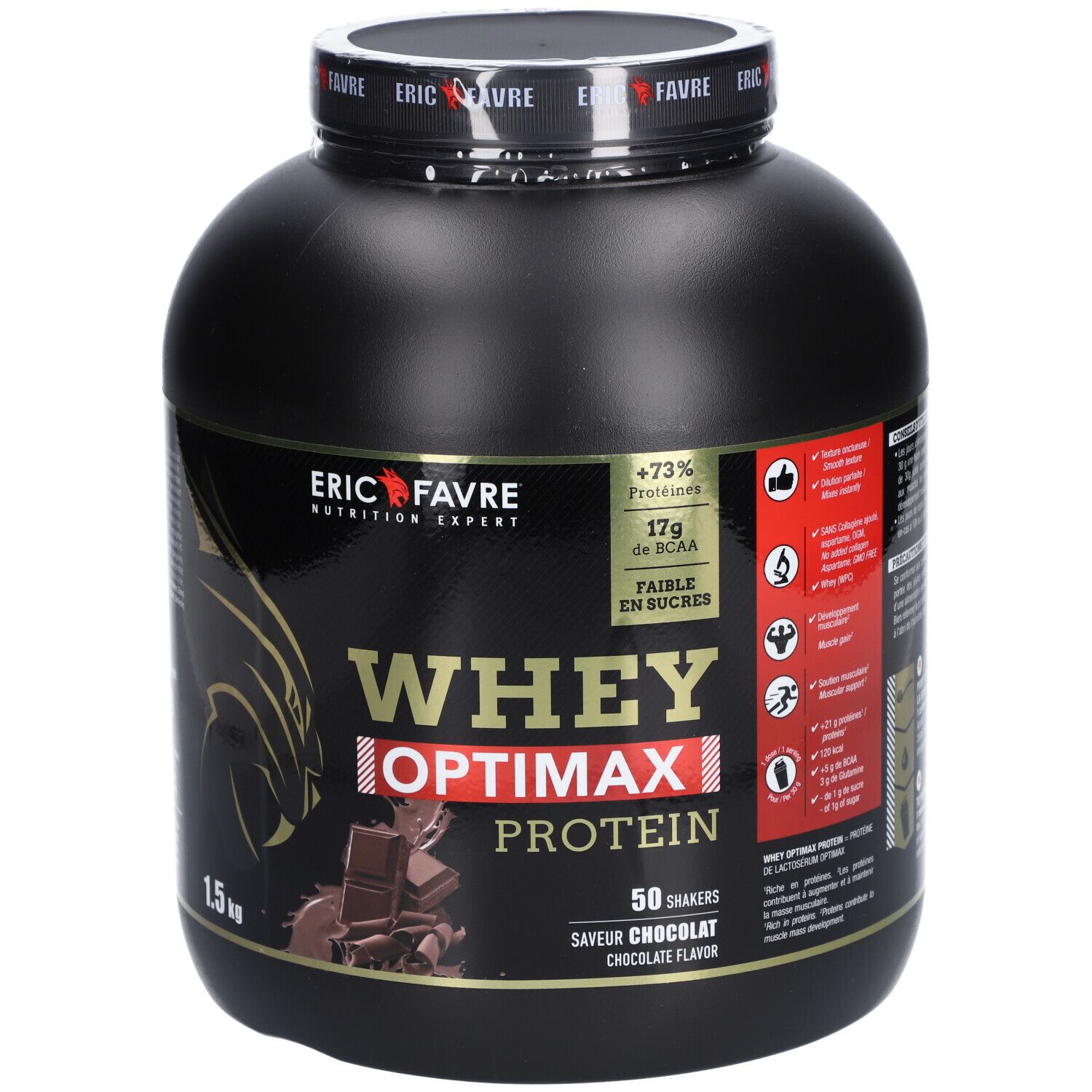 Pot noir "ERIC FAVRE Whey Optimax Protein". 1,5 kg, goût chocolat. Inscription dorée et logo.