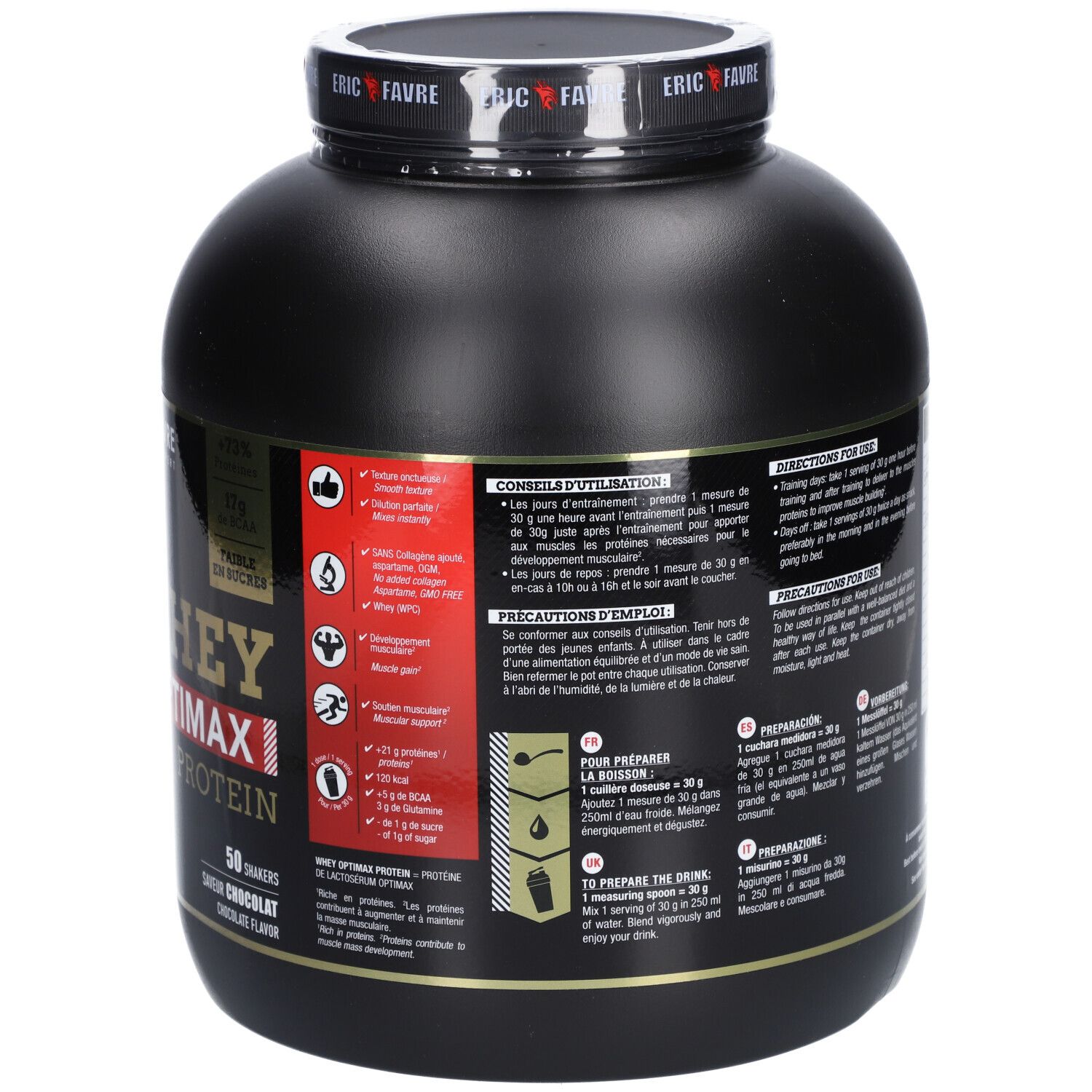 Dos du pot noir. Contient mode d'emploi et informations nutritionnelles. 1,5 kg. Inscription dorée.