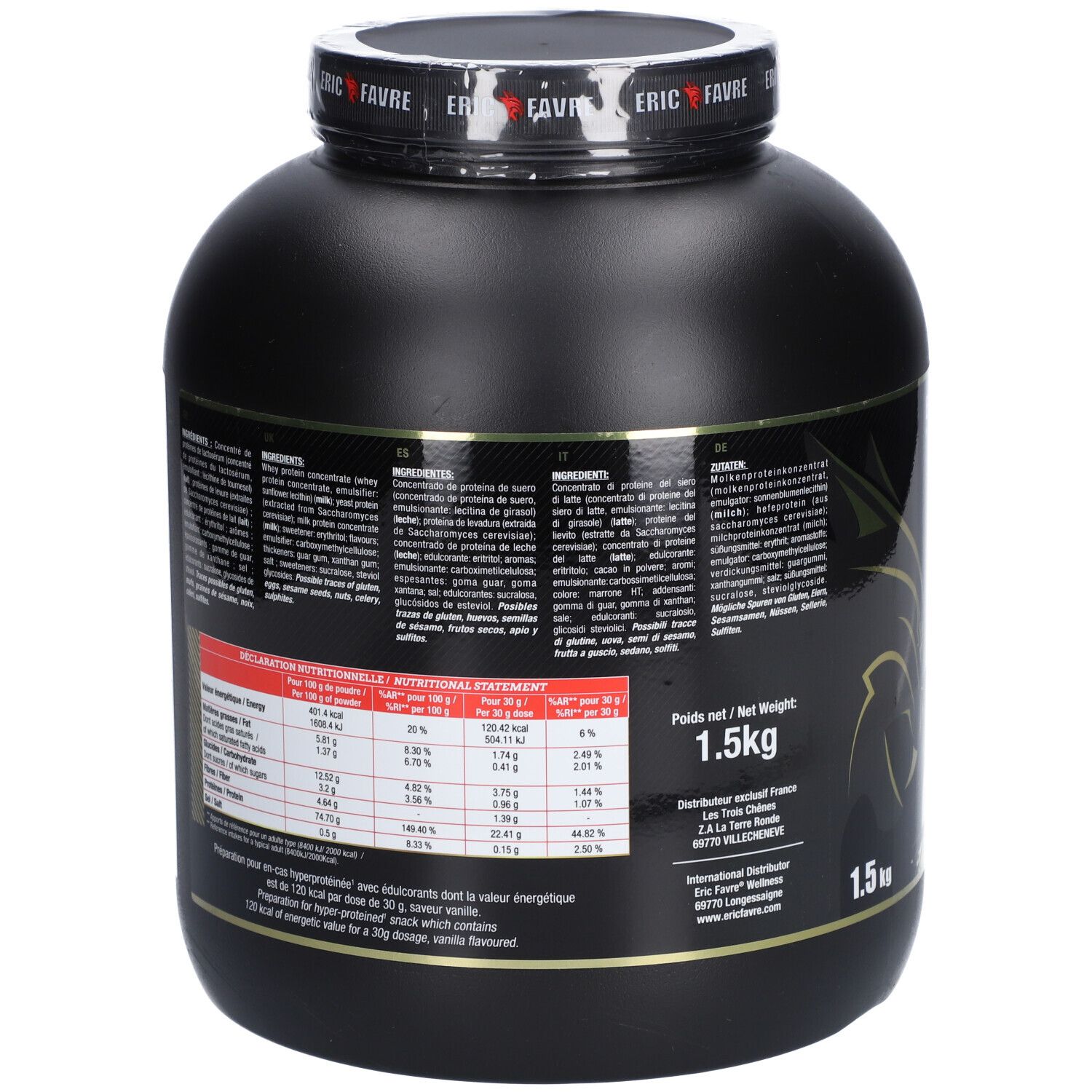 Dos du pot noir. Contient des informations sur les ingrédients et les valeurs nutritionnelles. 1,5 kg.