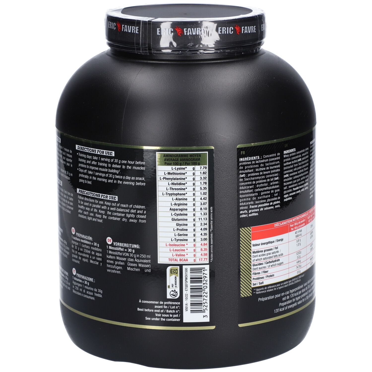 Dos du pot noir avec instructions d'utilisation et précautions. 1,5 kg.