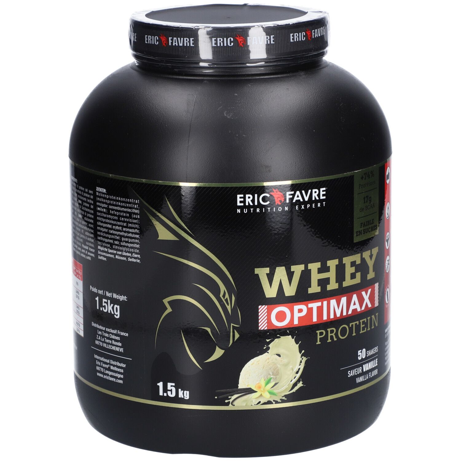 Pot noir avec "ERIC FAVRE" et "WHEY OPTIMAX PROTEIN". Saveur vanille. 1,5 kg.