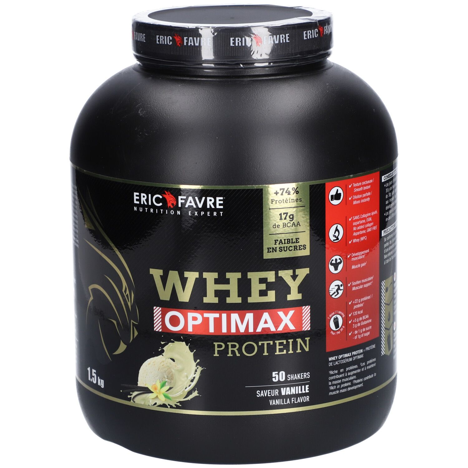 Pot noir avec "ERIC FAVRE" et "WHEY OPTIMAX PROTEIN". Saveur vanille. 1,5 kg.