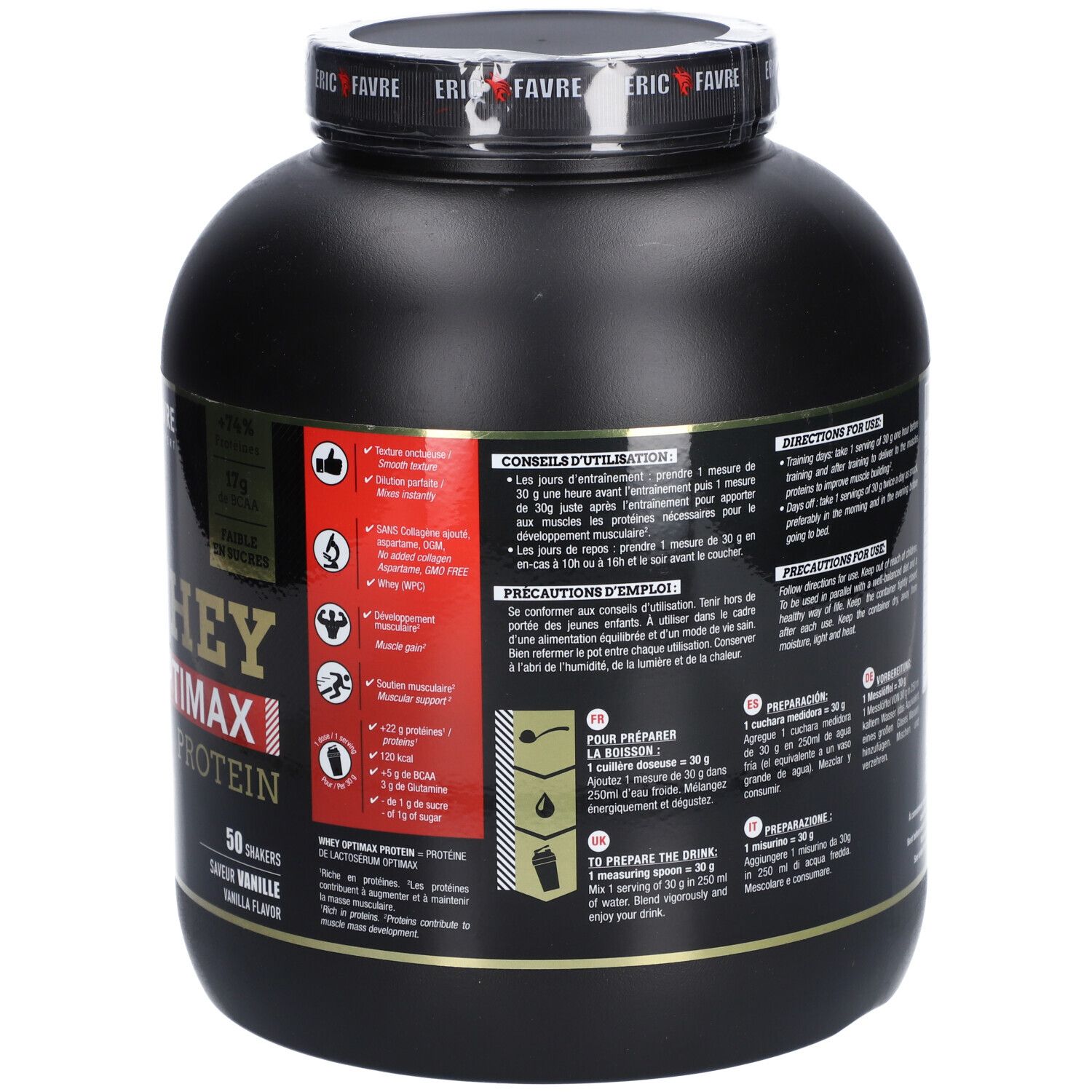 Pot noir avec "ERIC FAVRE" et "WHEY OPTIMAX PROTEIN". Saveur vanille. 1,5 kg.