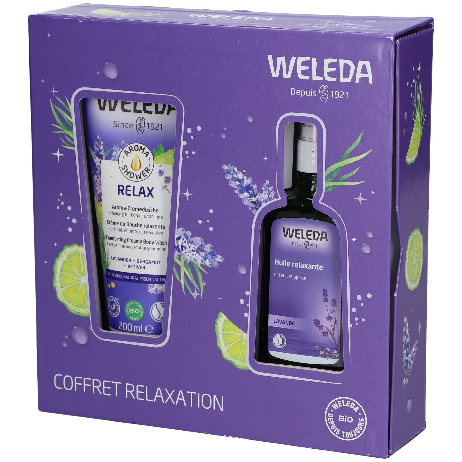 Coffret WELEDA violet. Contient un gel douche et une huile. Inscription: COFFRET RELAXATION. Logo bio.