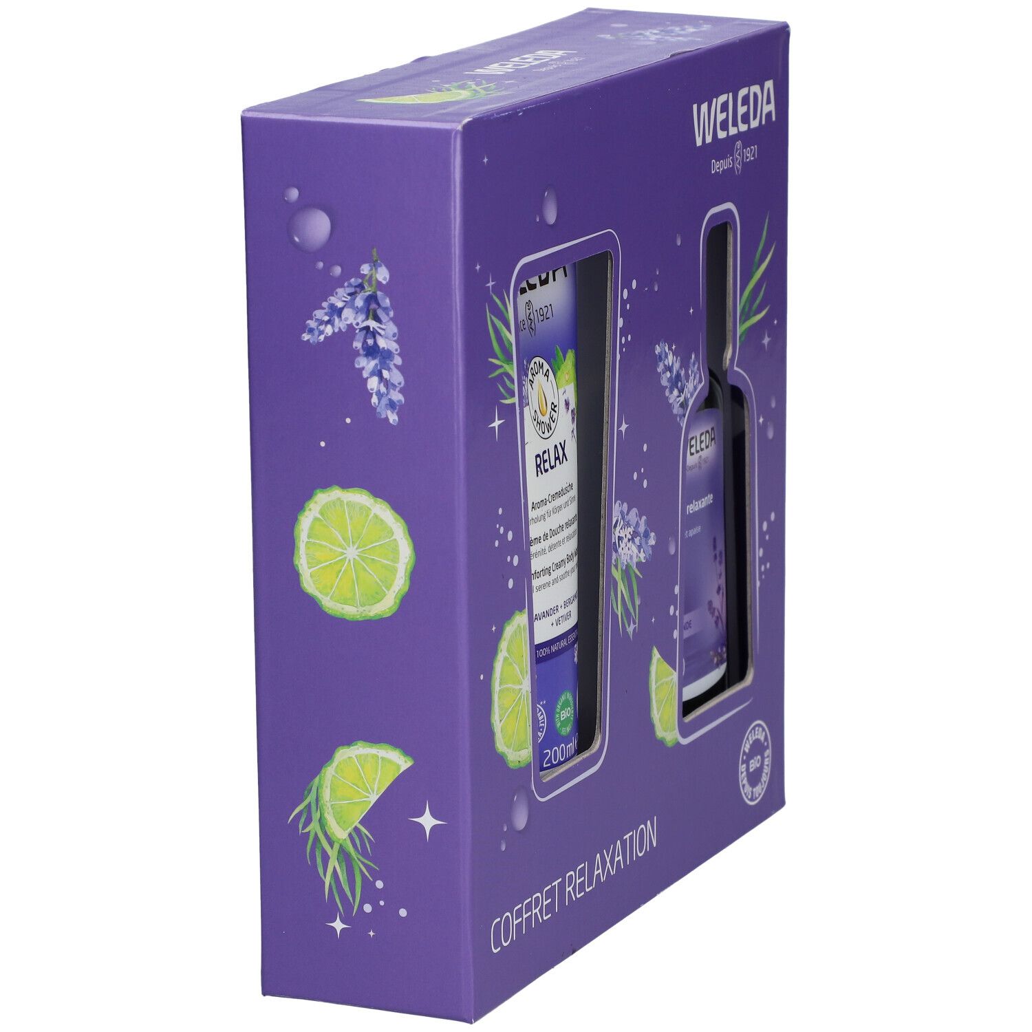 Coffret violet en biais. Visibles: gel douche et huile. Inscription: COFFRET RELAXATION. Logo WELEDA.