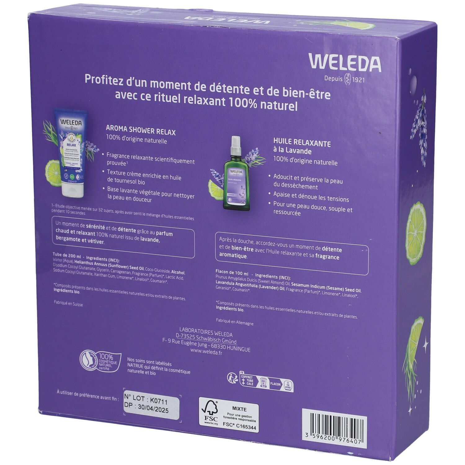 Dos du coffret violet. Texte: Aroma Shower Relax, Huile relaxante. Ingrédients, logo bio, logo WELEDA.
