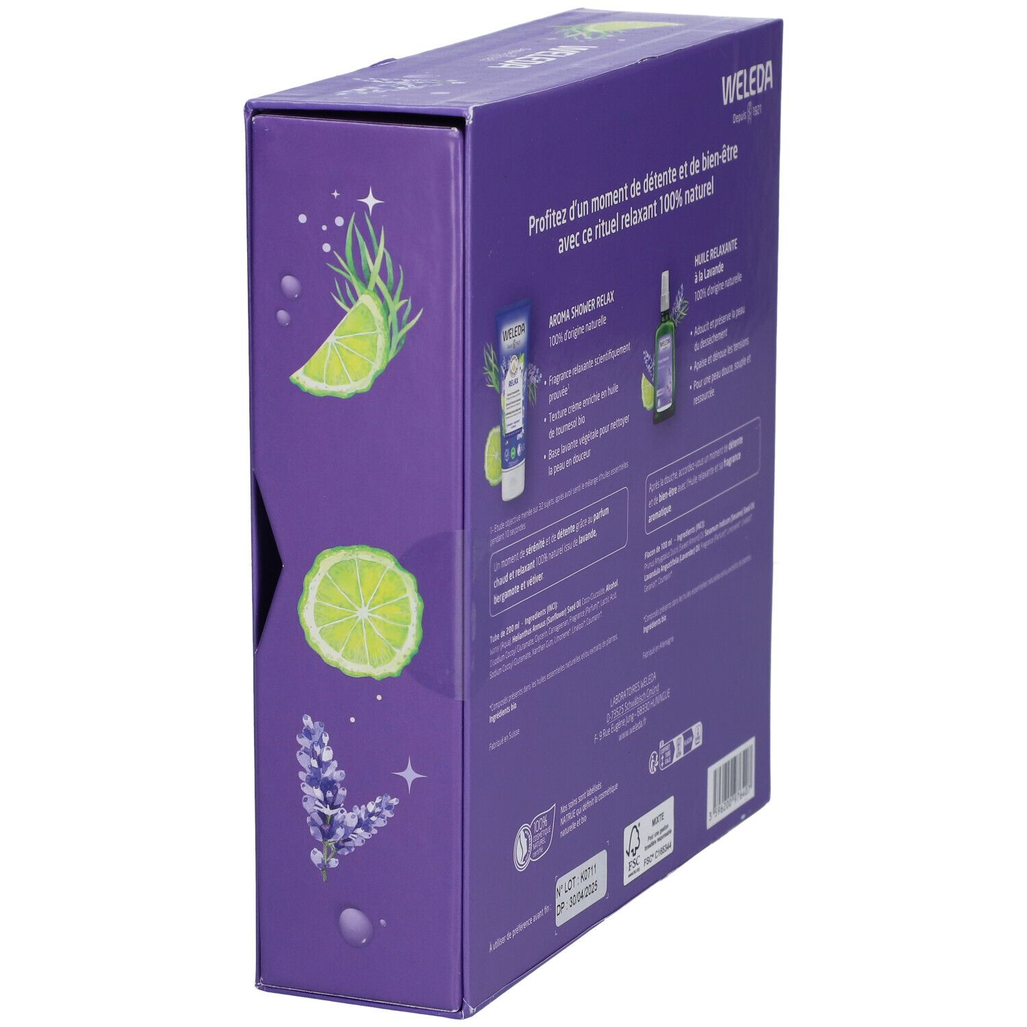 Vue oblique du dos du coffret violet. Texte: Aroma Shower Relax, Huile relaxante. Logo WELEDA.
