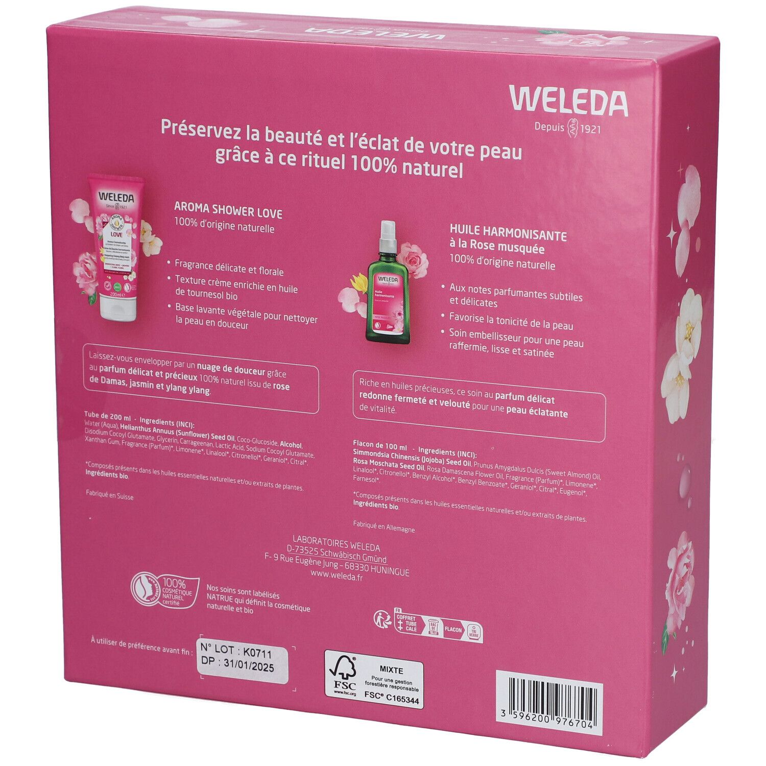 Dos du coffret rose avec texte et illustrations de produits. Inscriptions: WELEDA, COFFRET BEAUTÉ INTEMPORELLE.