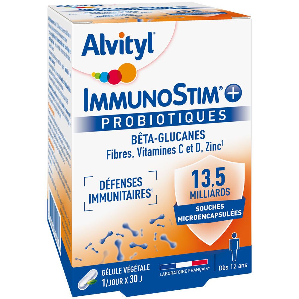 Boîte Alvityl ImmunoStim+. Contient bêta-glucanes, vitamines C et D, zinc. 13,5 milliards de micro-capsules.