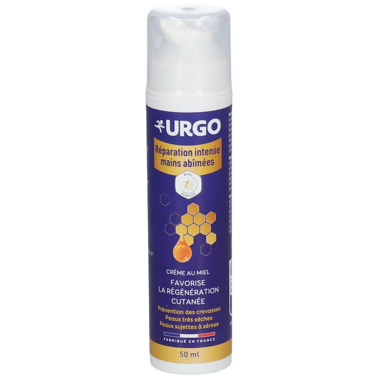 Tube de crème pour les mains URGO, bleu et blanc. Texte: Réparation intense mains abîmées. Motif miel.