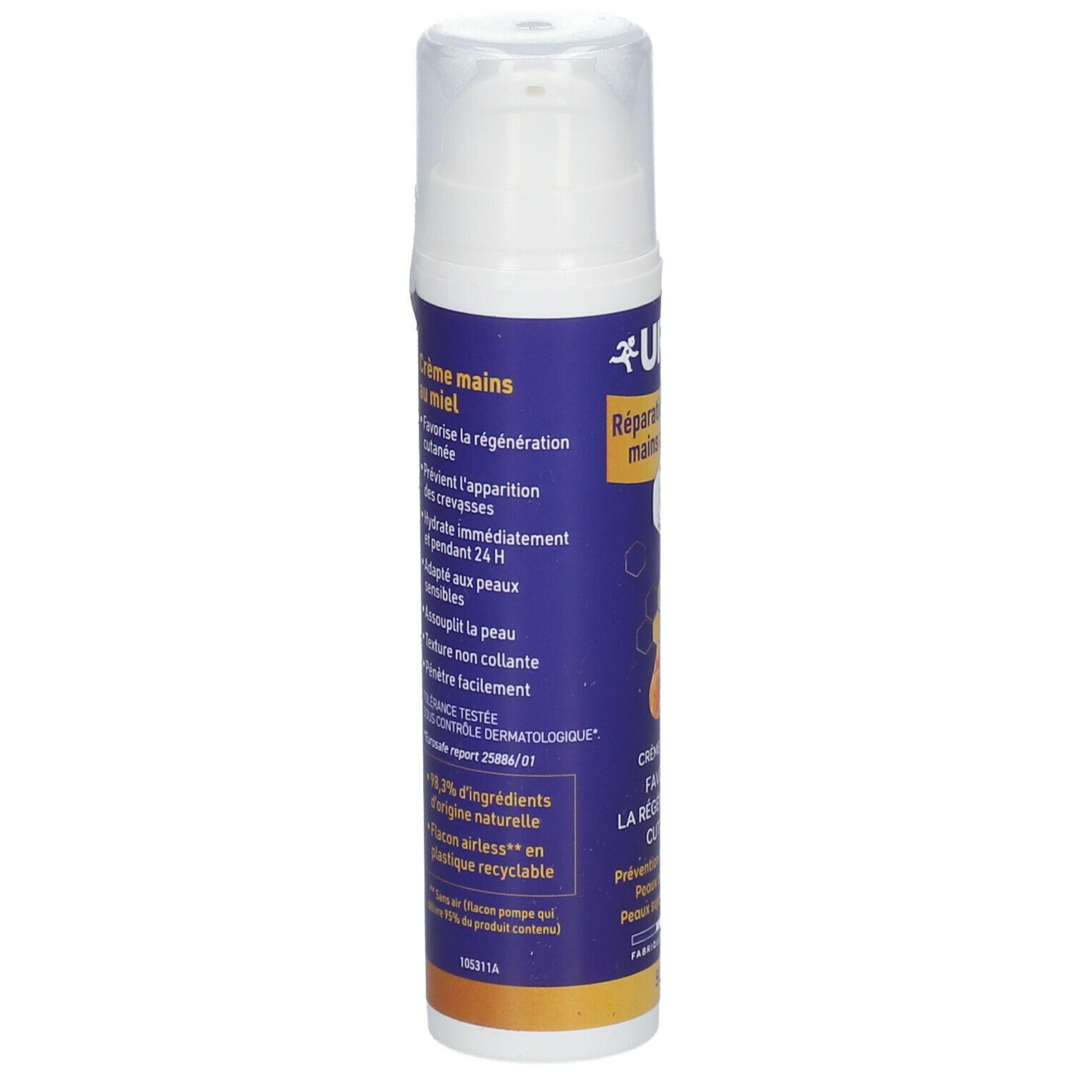 Tube de crème URGO. Texte: Crème mains au miel. Favorise la régénération cutanée. Détails au dos.