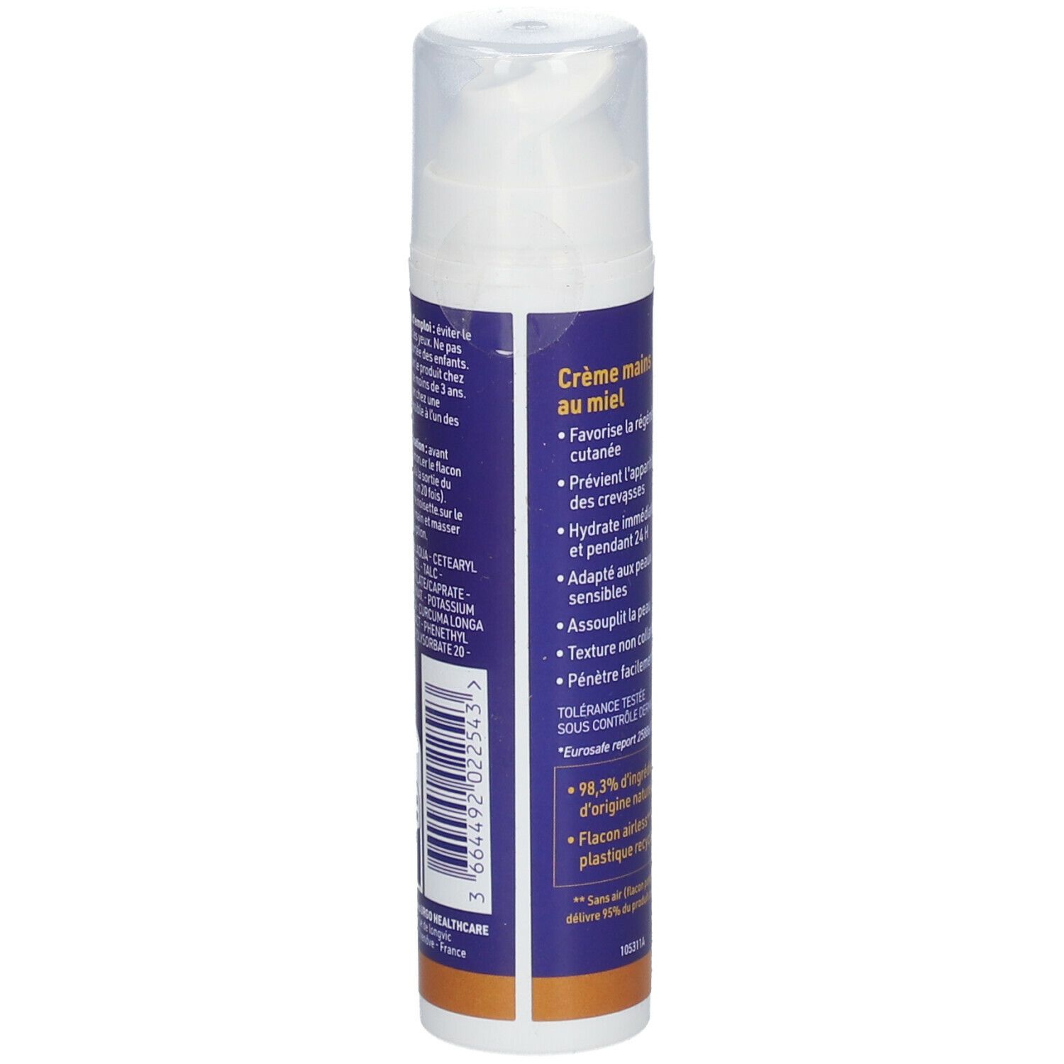 Tube de crème URGO. Texte: Crème mains au miel. Ingrédients, conseils d'utilisation et informations fabricant.